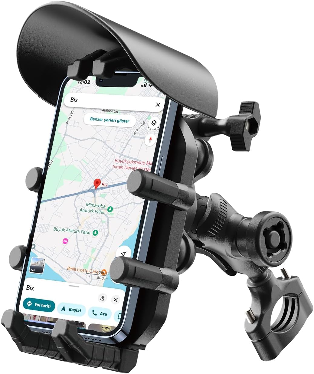 BPH05 Güneş ve Yağmur Korumalı Gidon Bağlantılı 360° Derece Ayarlanabilir Güneşlikli Motosiklet Bisiklet Scooter için Universal Telefon Tutucu