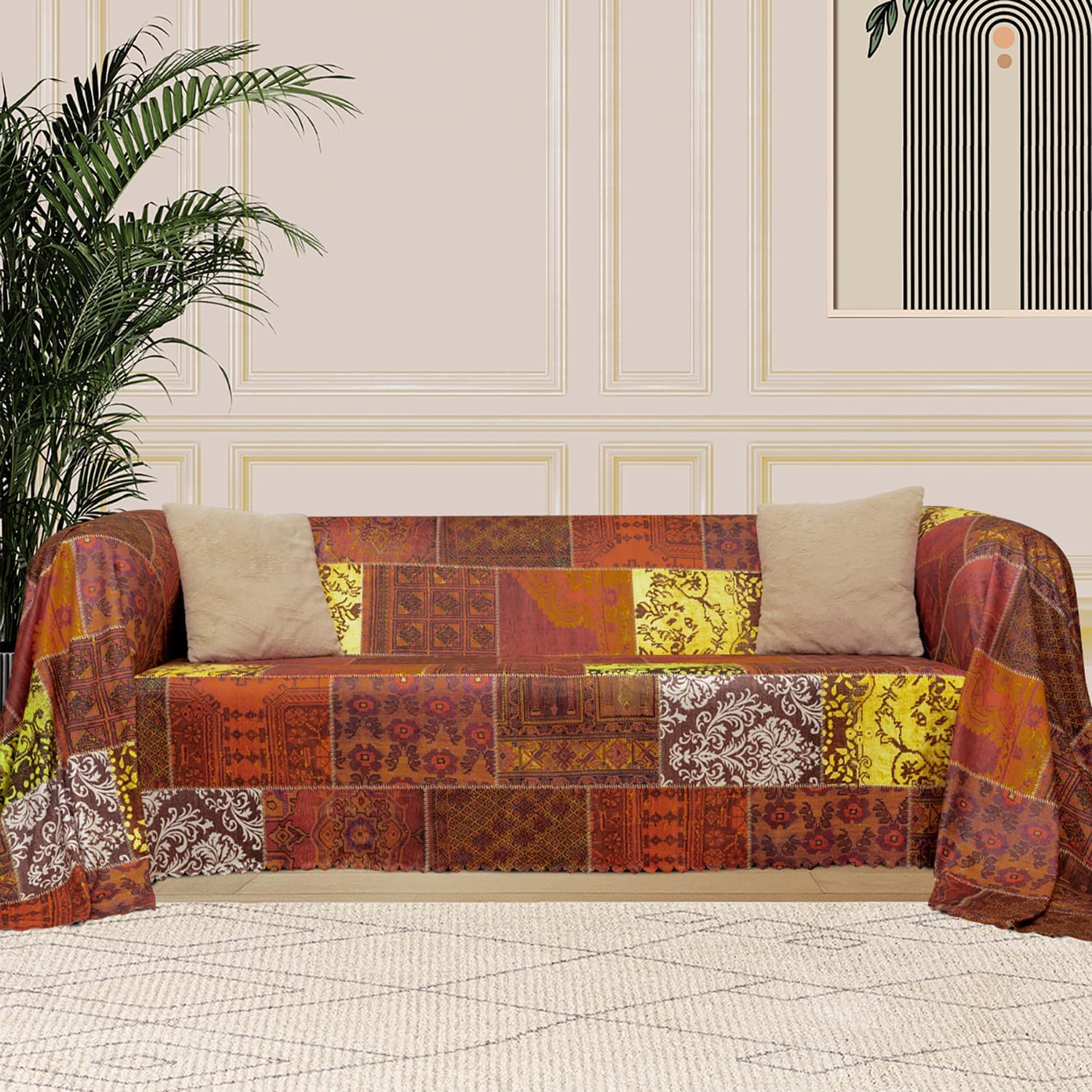 SoftMicro Koltuk Örtüsü | Çekyat Örtüsü | Koltuk Şalı | Etnik Desenli Boho Patchwork Kaymaz | Kiremit 180x300 cm