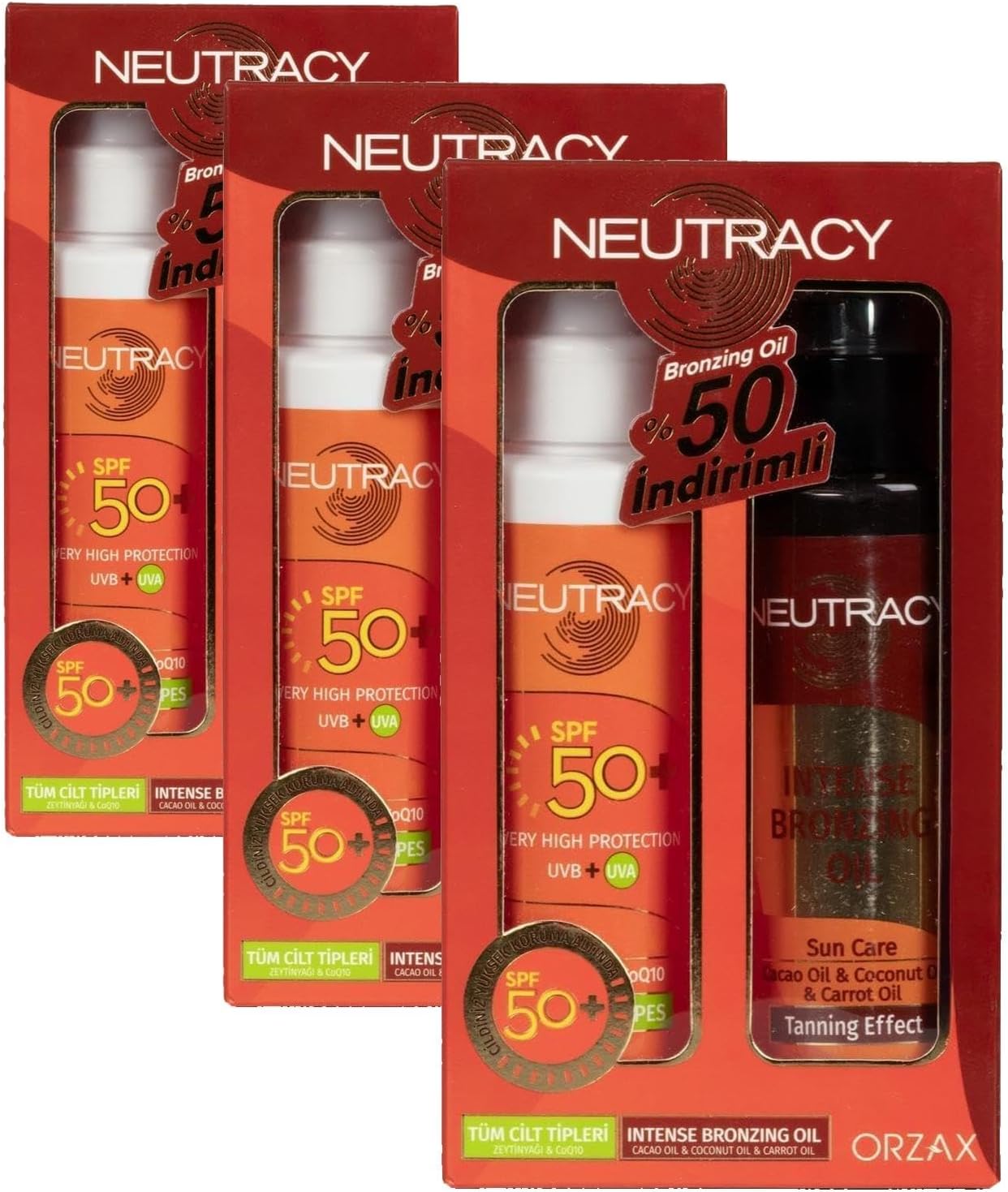 Orzax Neutracy SPF 50 Tüm Ciltler Güneş Ürünü ve Bronzing Oil 150 ml Kofre (3 paketi)