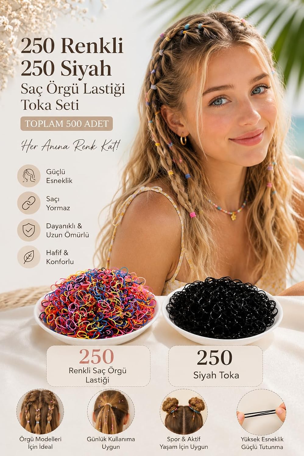 250 Adet Renkli Saç Örgü Lastiği 250 Siyah Toka Seti Lastik Toka Seti, Lastik Toka Seti, Toka Organizer, Toka, Kız Çocuk Toka