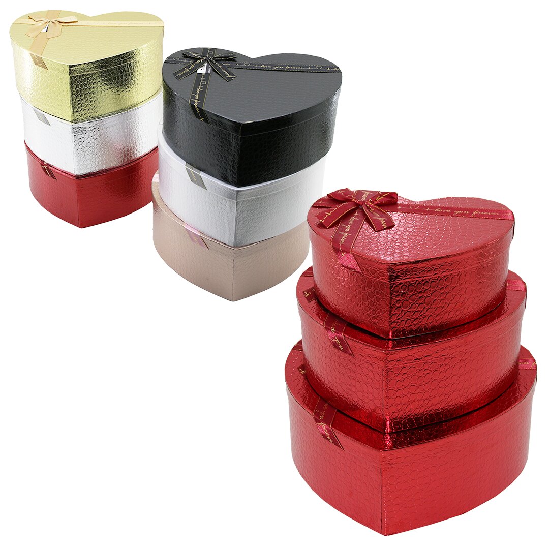 3PCS KALP PARLAK MİX RENKLİ - KABARTMA DESEN KARTON HEDİYE KUTUSU KURDELALI 31X28-27X24-23X20CM