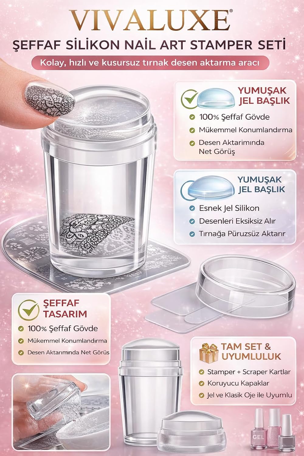 Şeffaf Silikon Nail Art Stamper Seti, Jelly Nail Stamp, Scraper Kit, Kolay Konumlandırma için Şeffaf Tasarım, Tırnak Baskı Aleti, Nail Art Manikür Aracı, Jel ve Oje ile Uyumlu