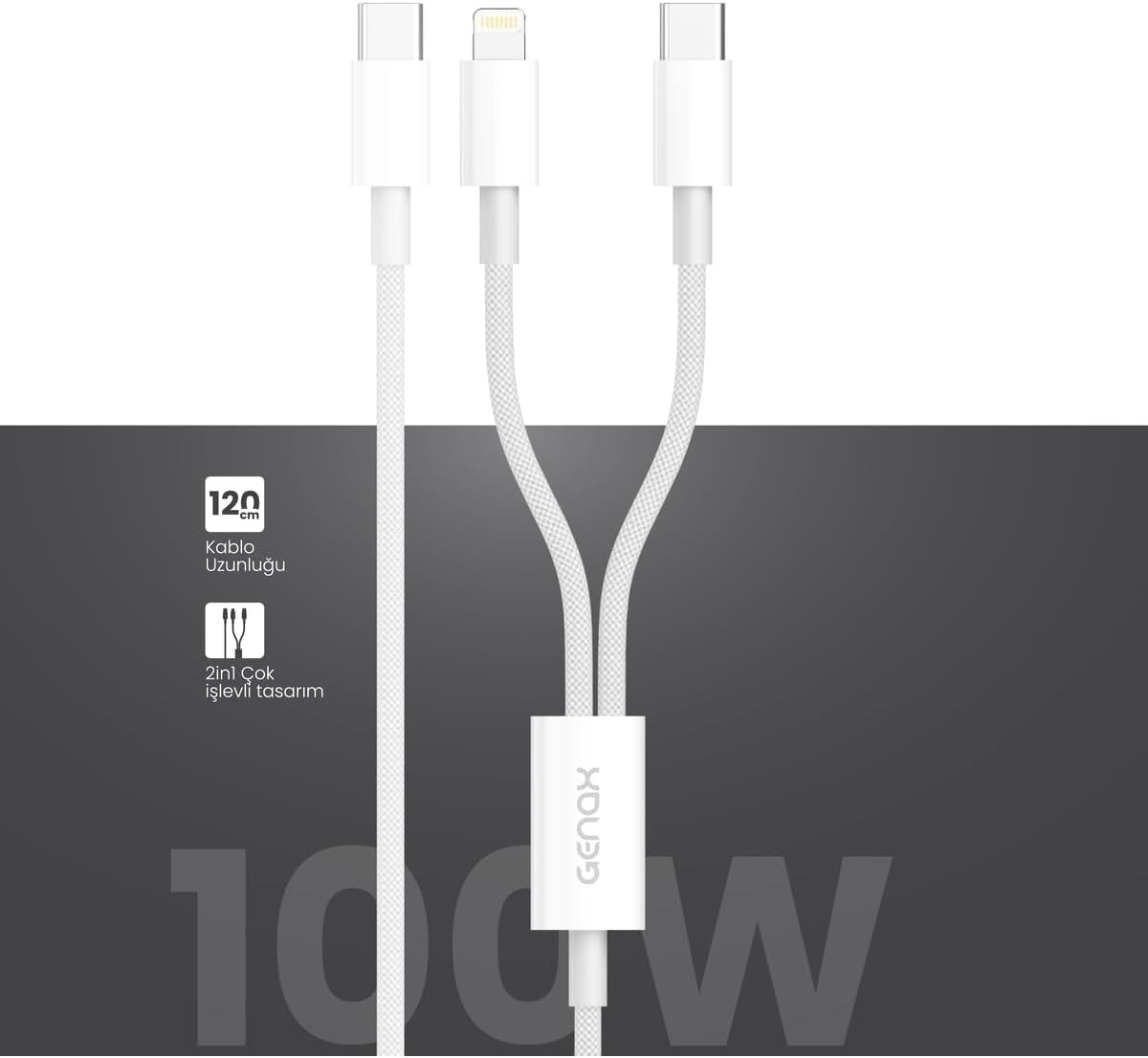 2in1 100W PD Type-C ve Lightning Hızlı Şarj Kablosu 120cm Beyaz, 115GNXY355