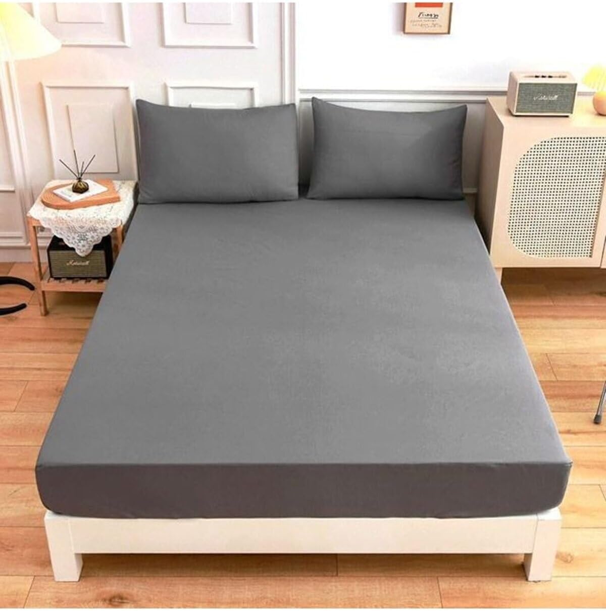 Çift Kişilik Lastikli Kumaş Çarşaf Takımı + 2 Yastık Kılıfı, 160 x 200 cm, Antrasit, 3 Parça