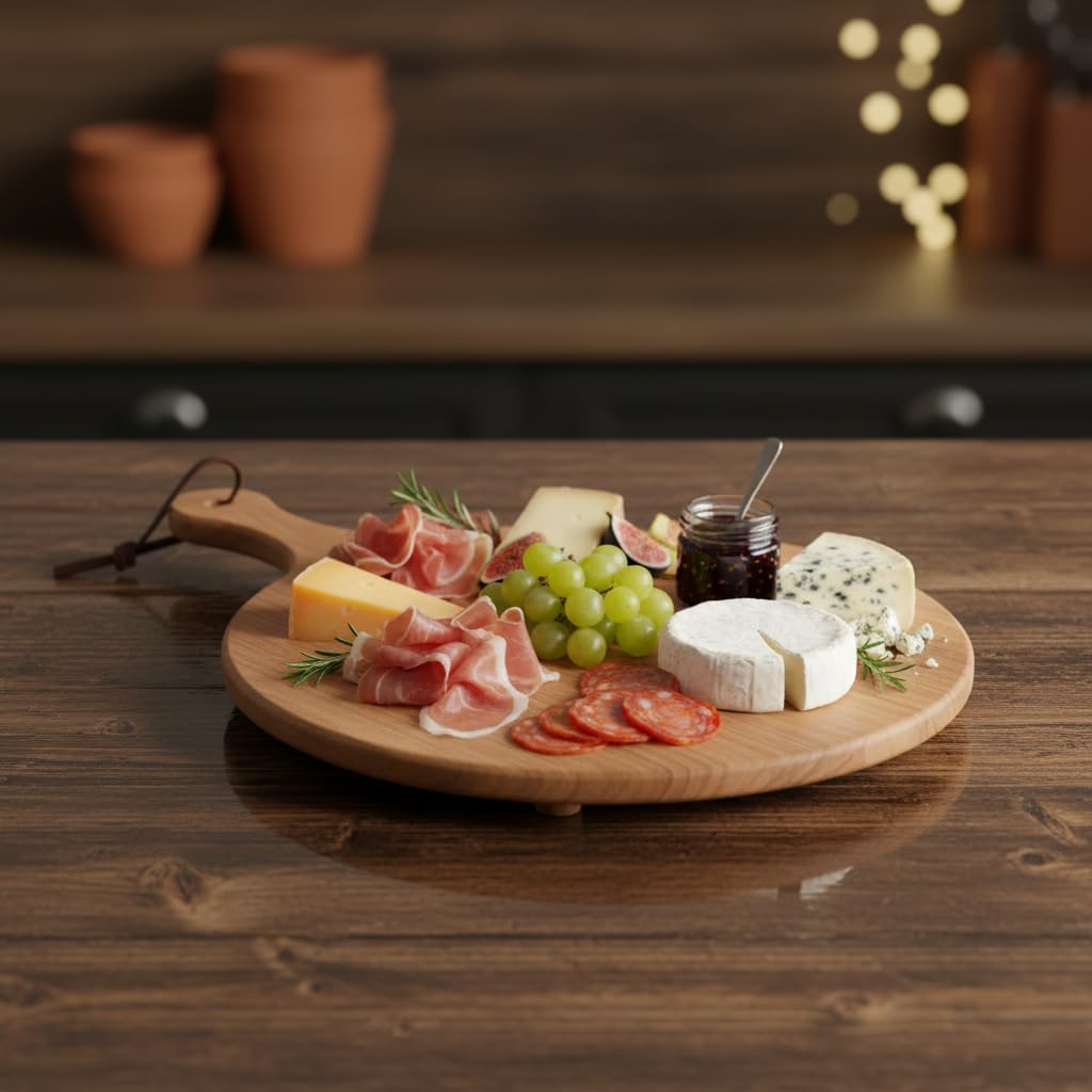 Ayaklı Akasya Sunum Tabağı ve Servis Tahtası (40x30 cm) | Doğal Ahşap Modern Peynir, Şarküteri, Pizza ve Kahvaltı Tahtası | Saplı ve Yükseltilmiş Ayaklı Sunumluk