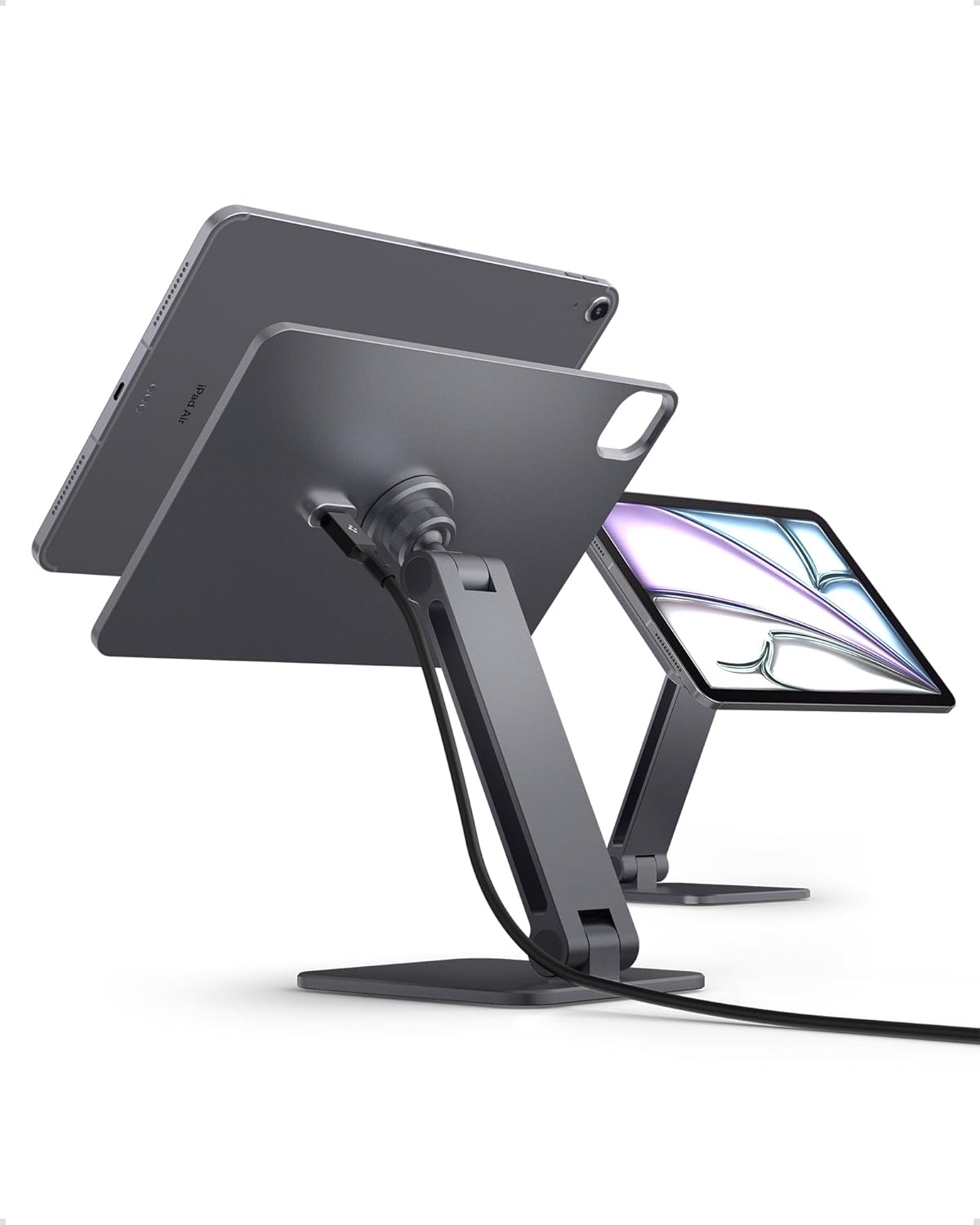 iPad Pro 11" 2025-2024 MagFit Manyetik Kablosuz Şarj Standı / 360° Dönebilen Ayarlanabilir Alüminyum Tablet Standı (Kablo Dahil Değildir) Gray - AMP09838