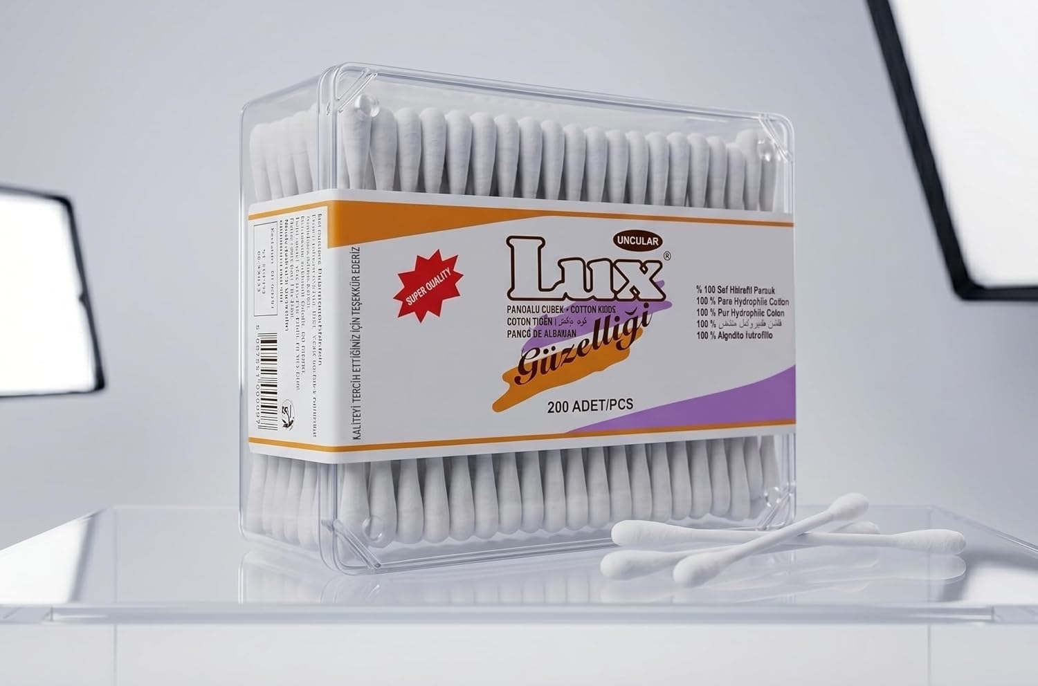 Lux 200 Adet Pamuklu Kulak Çubuğu,%100 Saf Hidrofil Pamuk, Hassas Kullanım