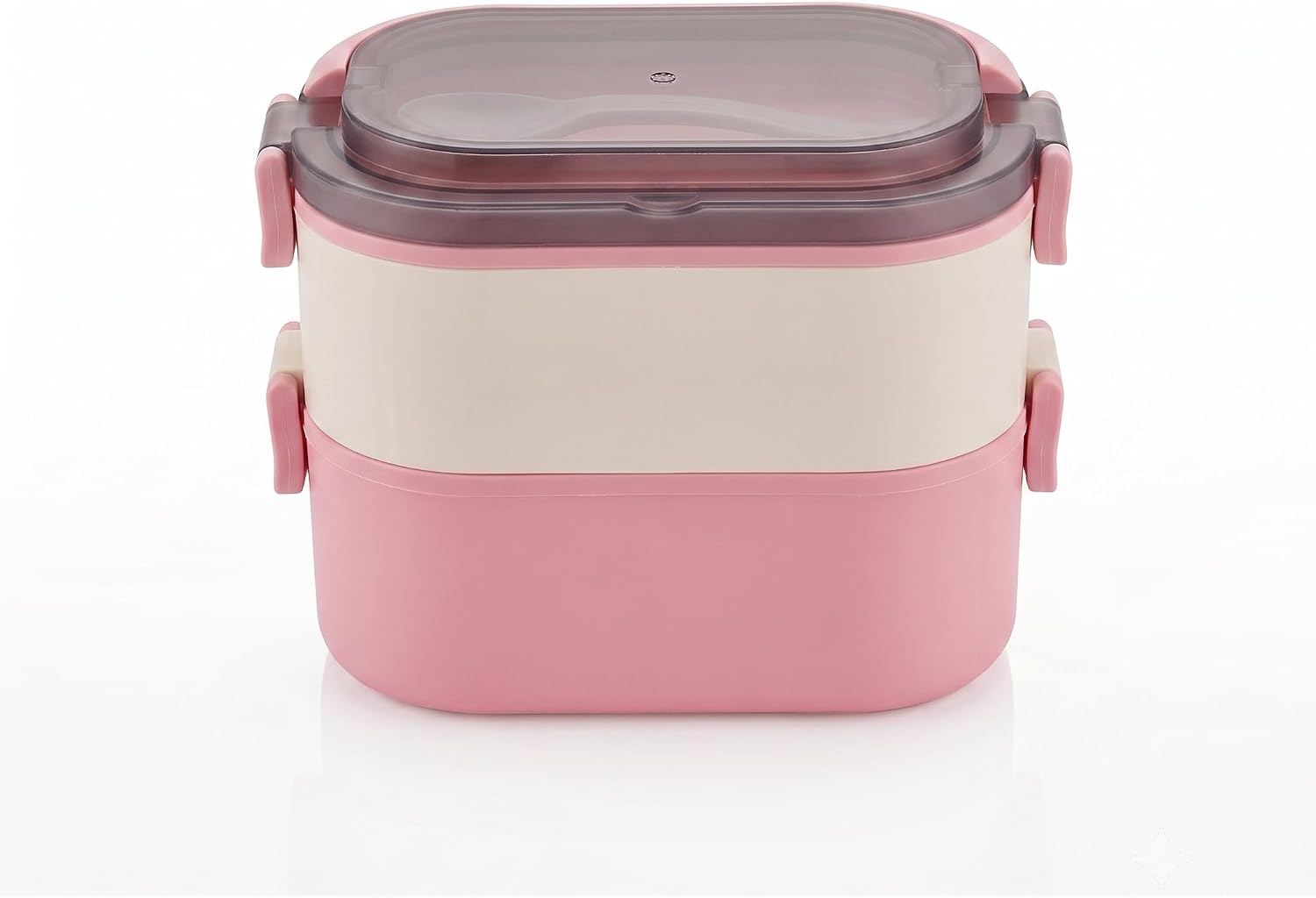2 Katlı Taşınabilir Yemek Kabı, Lunch Box, Diyet Beslenme Kutusu, Çatal Kaşık Dahil, 11.5 x 21 x 11.5 cm (Pembe-Krem)