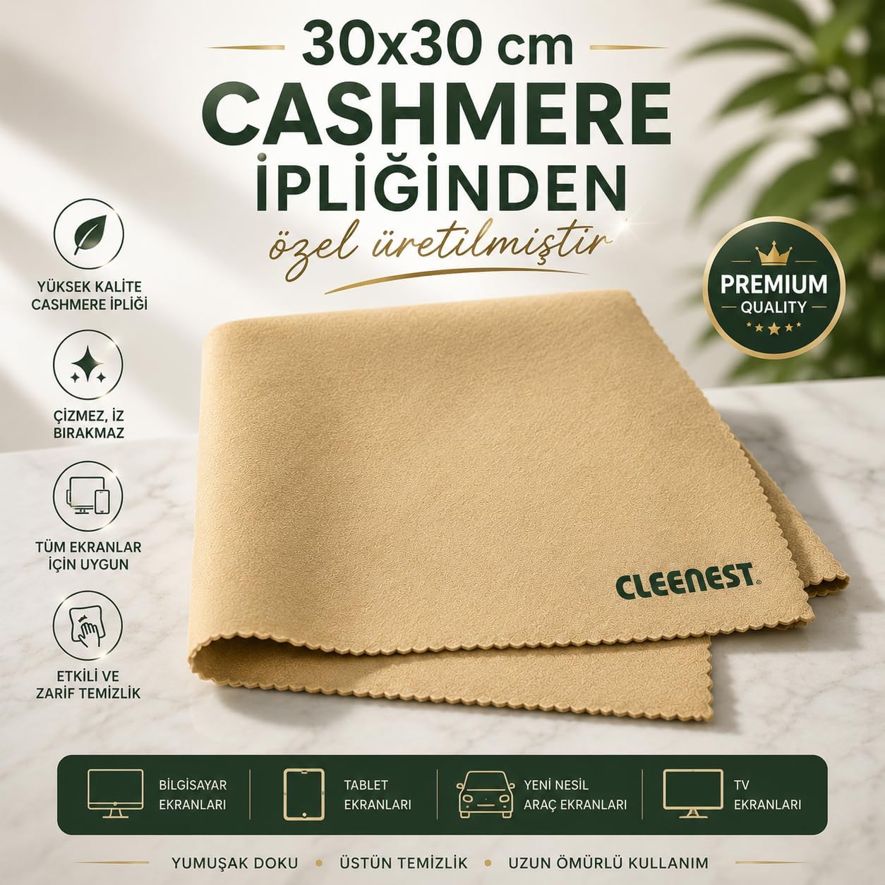 Yüksek Kaliteli Kaşmir İpliğinden Üretilmiş Temizleme Bezi, Mikrofiber Malzeme, Ekranlar, Tabletler, Araba İçi Ekranı, Bilgisayar ve TV Ekranları İçin 30x30 cm