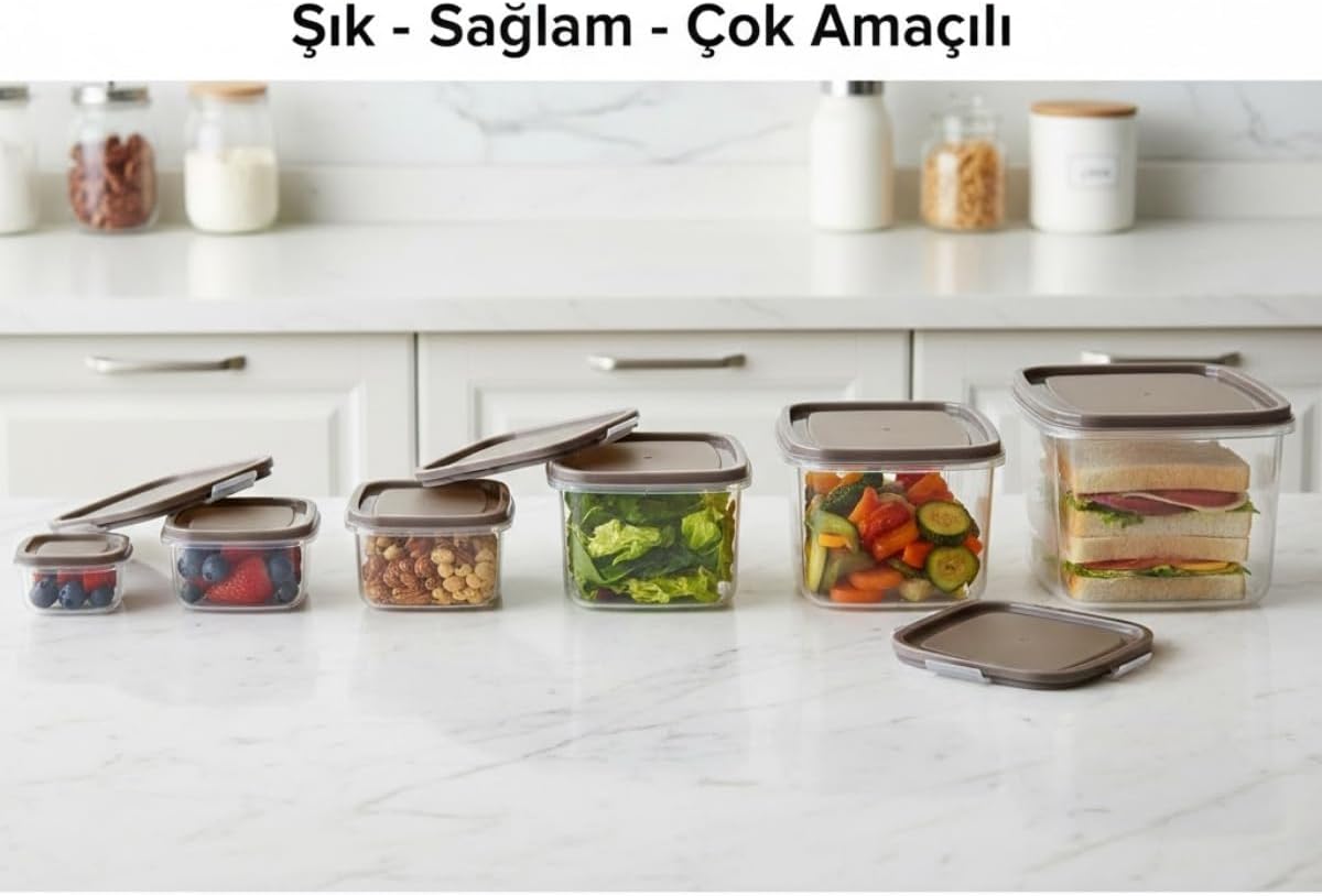 6’lı Saklama Kabı Seti Koyu Kum Beji Kapaklı | 300 ml – 3150 ml Çok Amaçlı Gıda Saklama Kabı | BPA İçermeyen Şeffaf Plastik