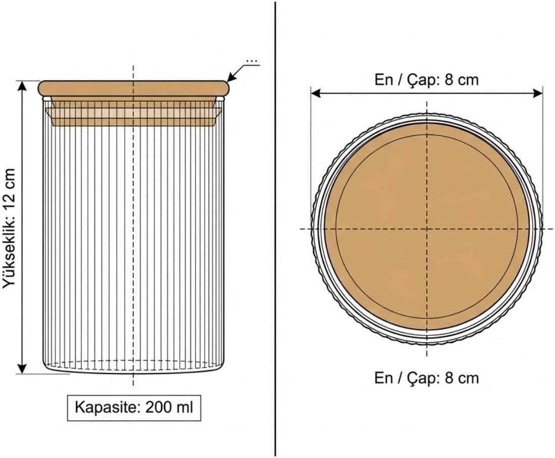 Bambu Kapaklı 300 ml Yuvarlak Çizgili Cam Kavanoz – Sızdırmaz Silikon Contalı Gıda ve Düzenleme Saklama Kabı