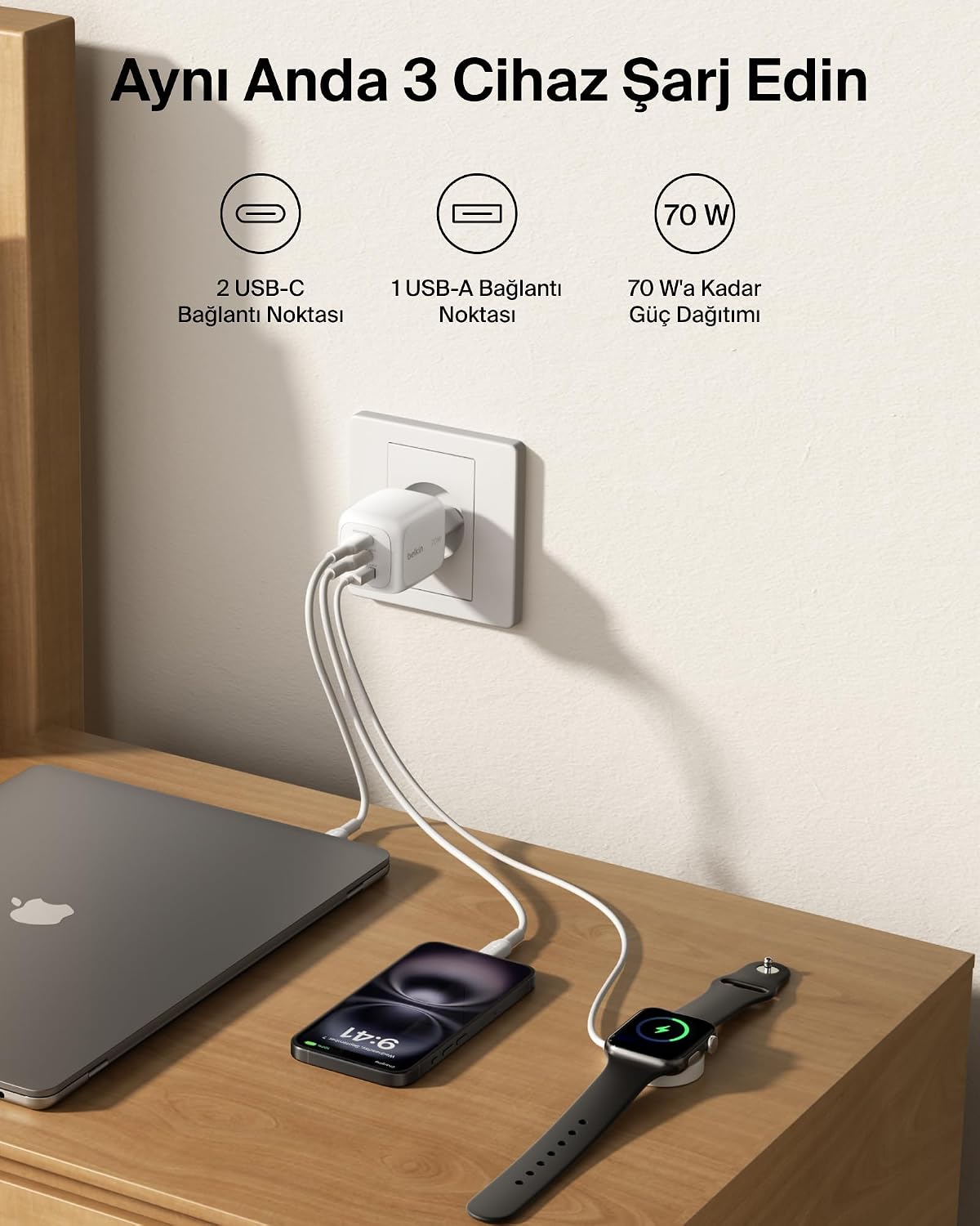 3 Bağlantı Noktalı USB-C Şarj Cihazı, 70 W, 2x USB-C ve 1x USB-A GaN Duvar Tipi, ABD/İngiltere/AB Fişleri, MacBook, iPhone, iPad Pro, Samsung Galaxy, Google Pixel vb. için Hızlı Şarj - Beyaz
