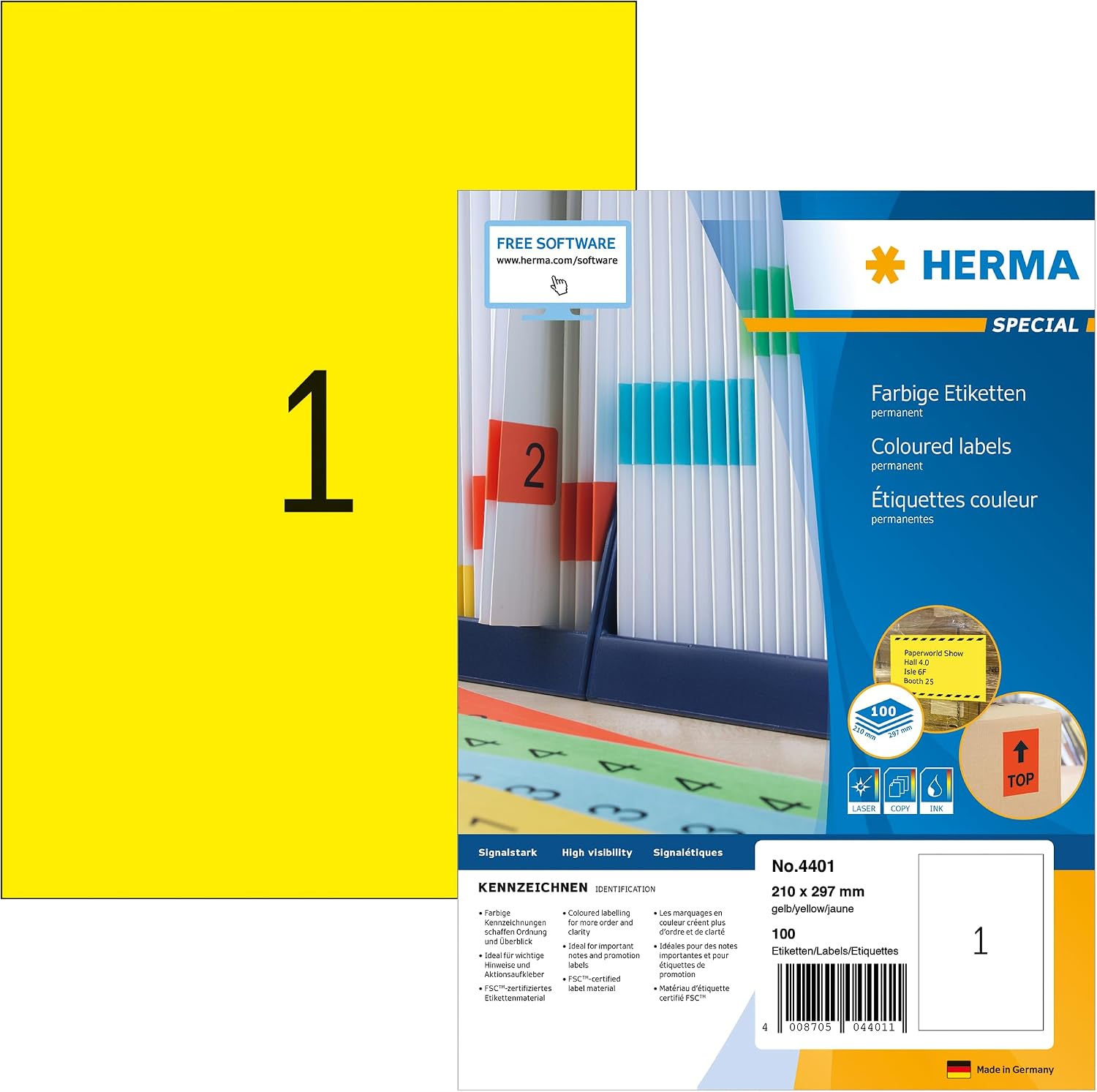4401 Renkli Etiket DIN A4 210 x 297 mm, 100 Yaprak, Kağıt, Mat Kendinden Yapışkanlı, Basılabilir, Kalıcı Yapışkan Renk Etiketi, 100 Yapışkan Etiket, Sarı