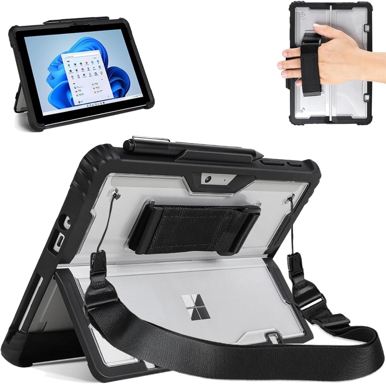 Surface Pro 9/10/11 13 İnç Surface Pro Copilot+ Pc Rugged Kılıf – 360° Stand, El Kayışı, Omuz Askısı, Darbe Emici Koruma Şeffaf Arka Darbe Emici Standlı Stylus Kalem Tutucu Koruyucu Siyah