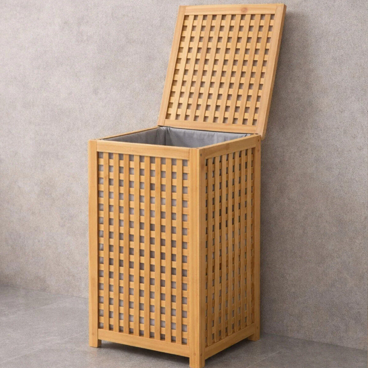 Kalın Ahşap Bambu Kirli Çamaşır Sepeti Kumaş Çantalı SEPET=40X40X58CM