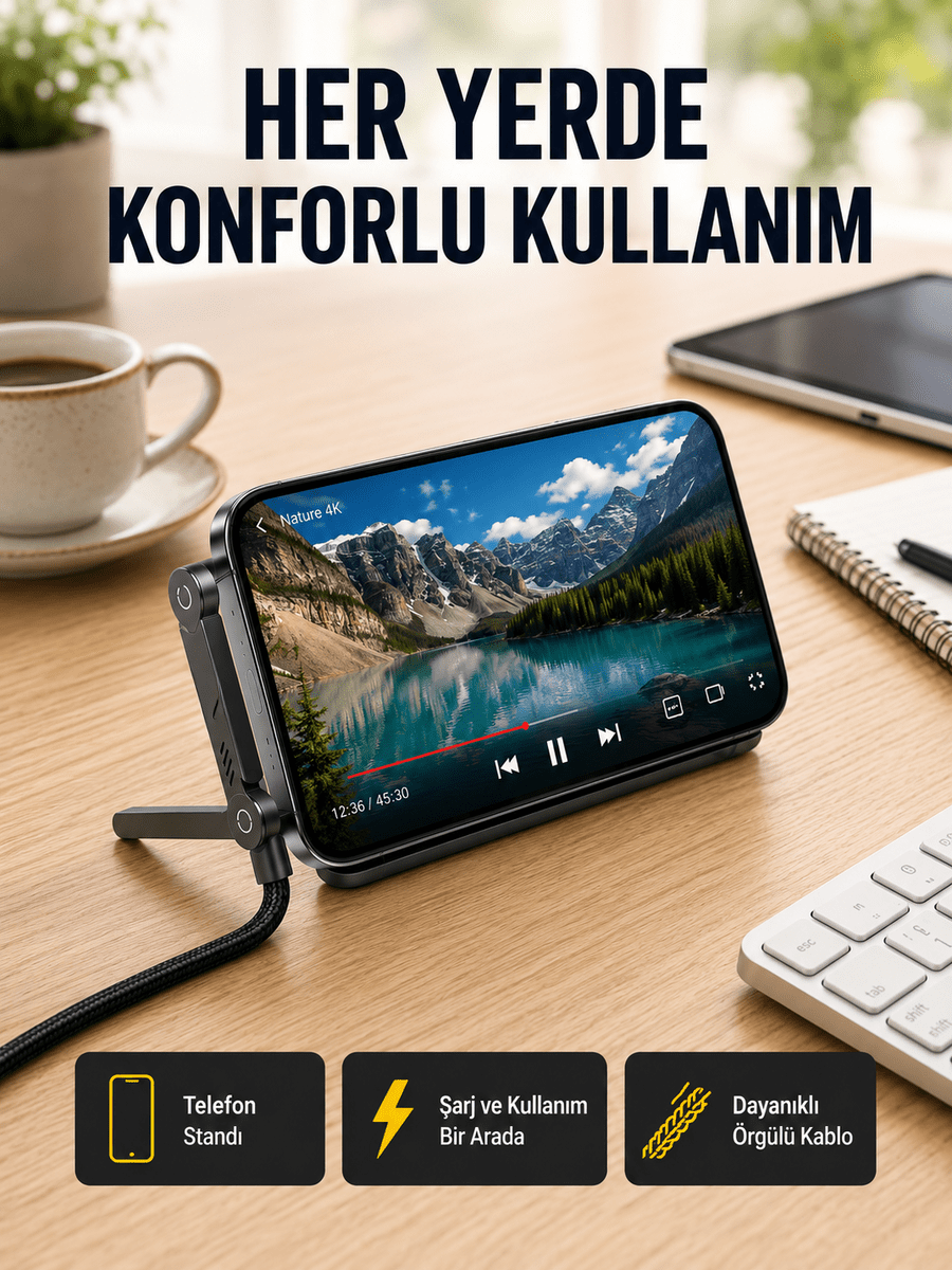 240W Type-C to Type-C Katlanabilir Standlı Hızlı Şarj Kablosu