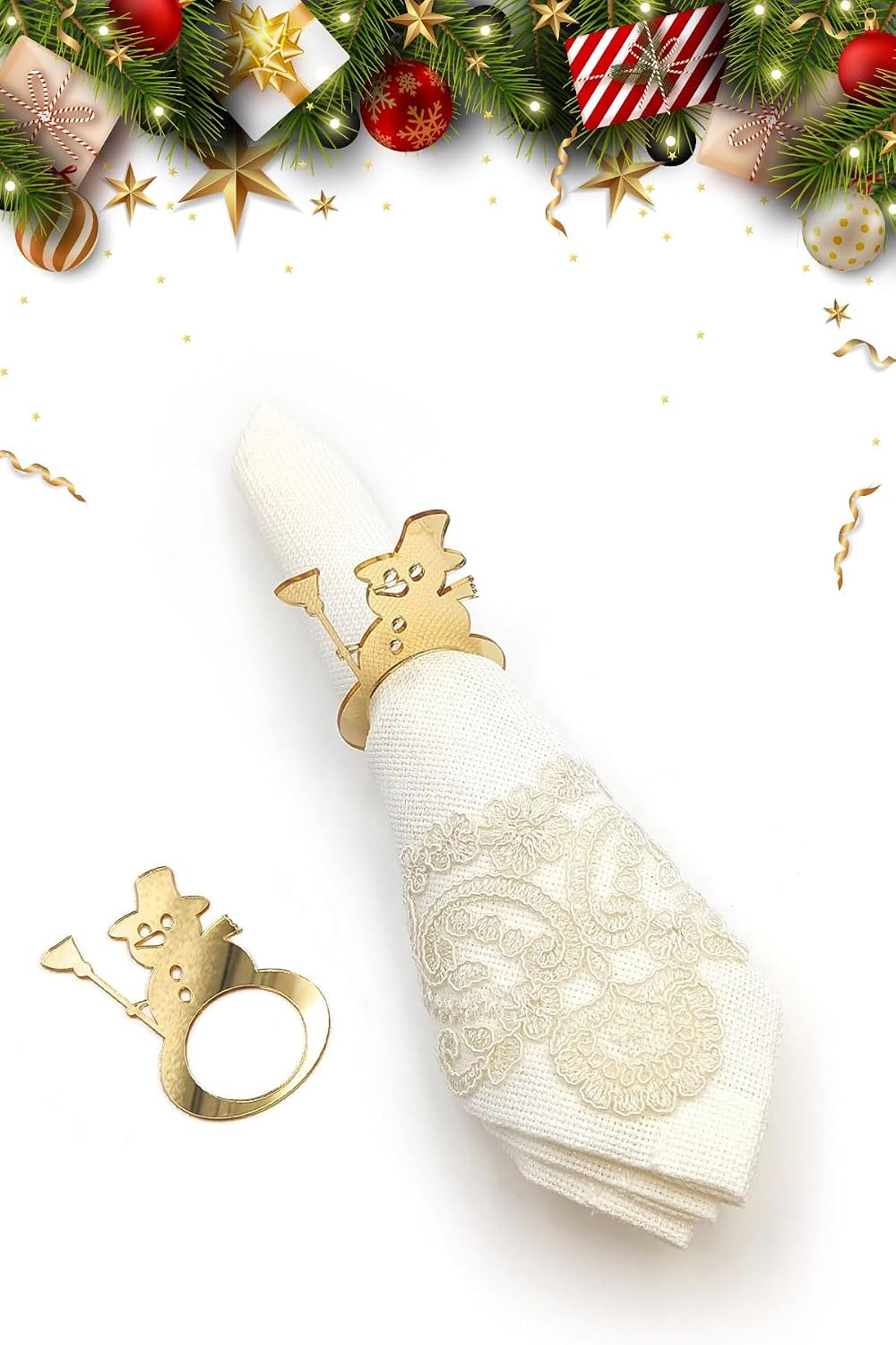 6 Adet Gold Kardan Adam Desenli, Yılbaşı Dekoratif Peçete Yüzüğü, Yeni Yıl Sofrası Aksesuarı, Dekoratif Peçete Halkası, Yeni Yıl Süsü