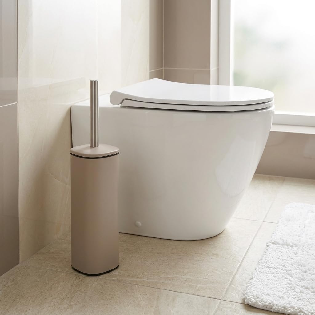 Paslanmaz Çelik Saplı WC Fırçalık Latte, Kapaklı Tuvalet Fırçası Seti, Hijyenik Saklama Hazneli Banyo ve WC Fırçası, 38,5 cm