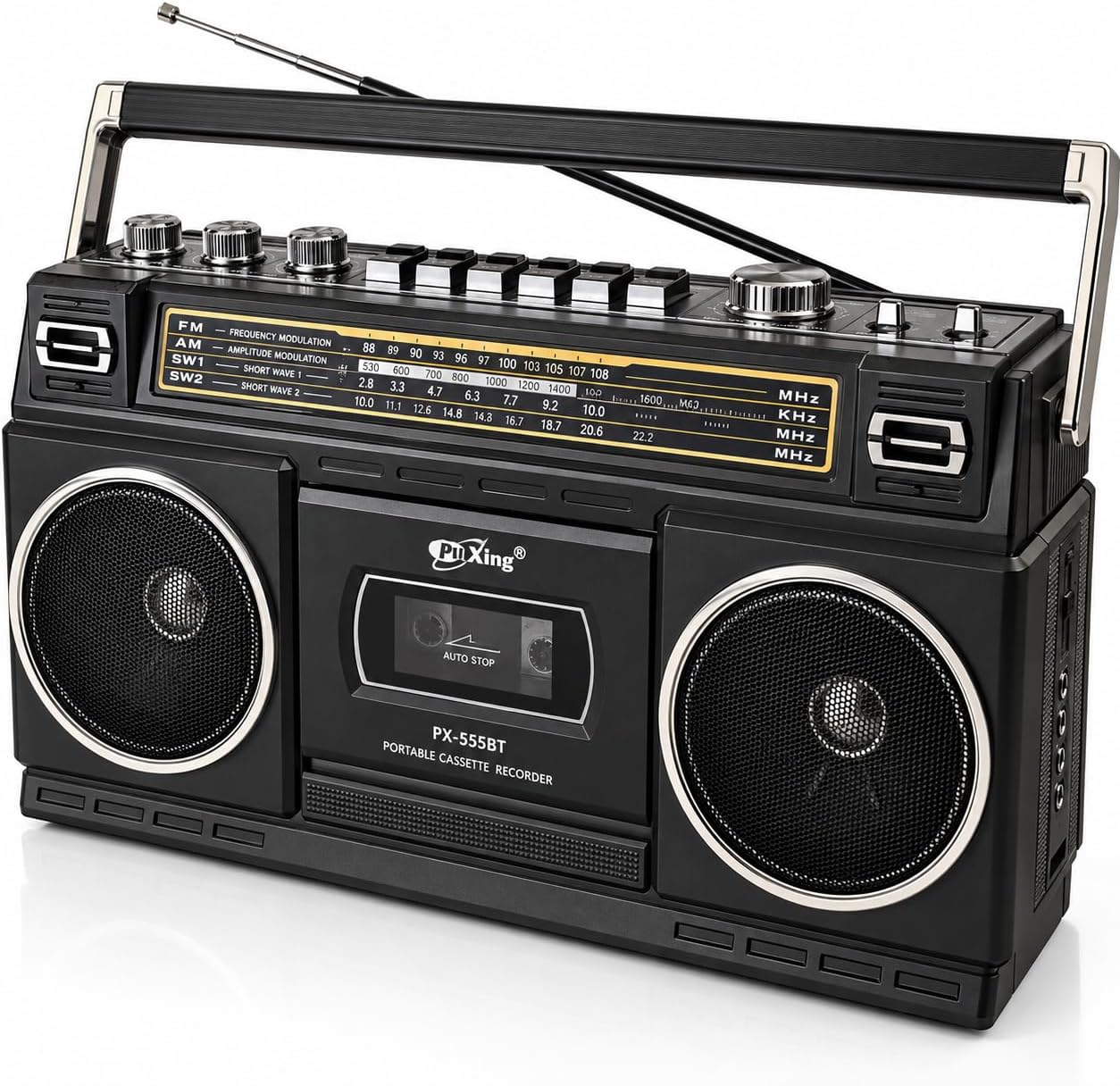 Teleskopik Antenli Kaset Çalar Radyo – AM/FM/SW1-2 4 Bant, Bluetooth/USB/TF MP3 Müzik Çalar, Kayıt Özellikli, Kulaklık Girişli, 220V veya 6V Pille Çalışma | (CVR-555BT - Siyah)