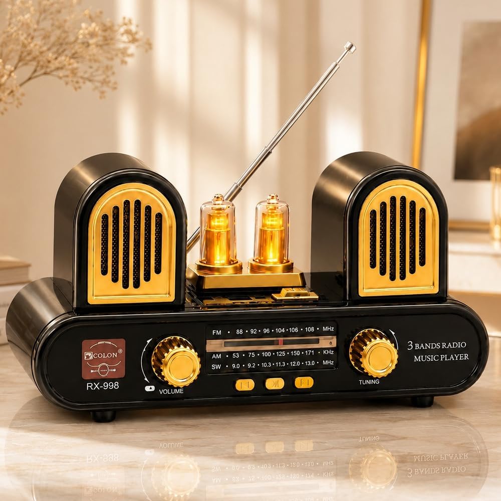 Yeni Nesil Radyo USB SD FM Aux Bluetooth Müzik Kutusu Retro El Tutamaçlı Şarj Edilebilir M113 Koyu Kahve (RX-998 - Siyah)
