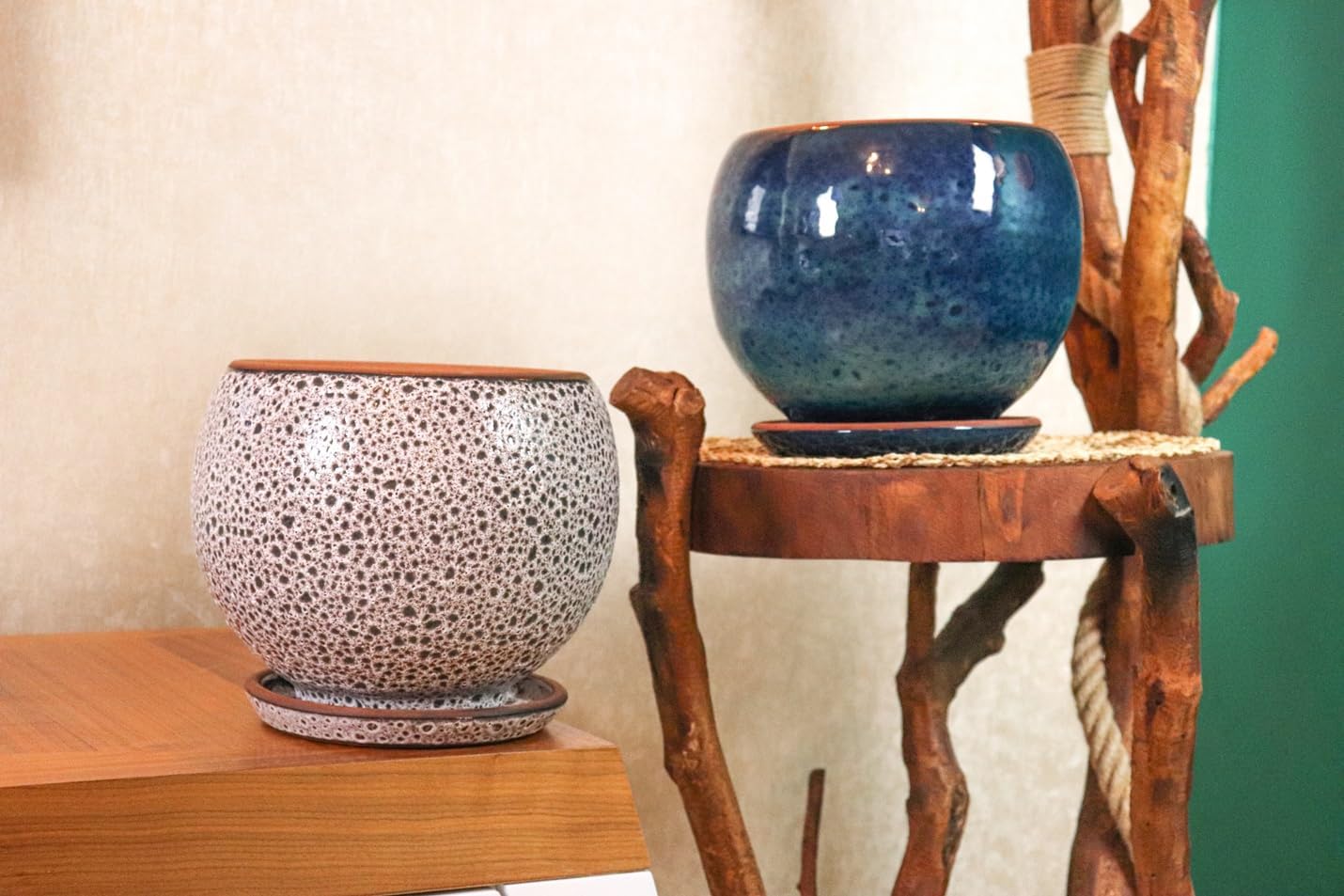 Bitki Tasarımı Ev Dekorasyon Krem Kahve Şekilli Ve Okyanus Mavisi Artistik Çift Sırlı İç Ve Dış Mekan Kullanımlı Tabaklı Toprak Terrakota Saksı Saksılık Salon Çiçeklik İkili Set