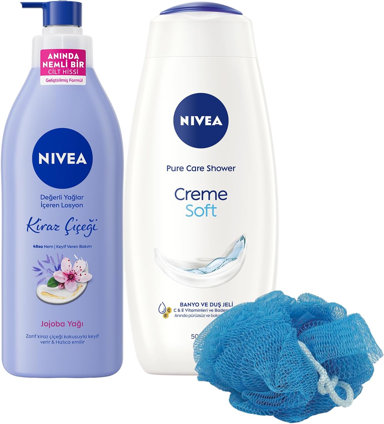Creme Soft Duş Jeli 500ml ve Kiraz Çiçeği Nemlendirici Vücut Bakım Losyonu 400ml, Banyo Lifi Hediye