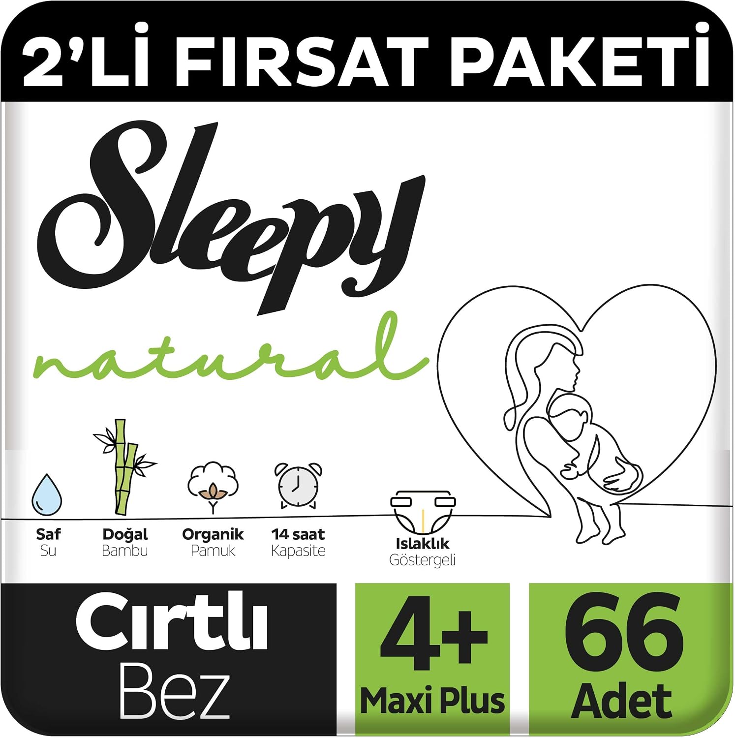 Natural 2'li Fırsat Paketi Bebek Bezi 4+ Numara Maxi Plus 66 Adet