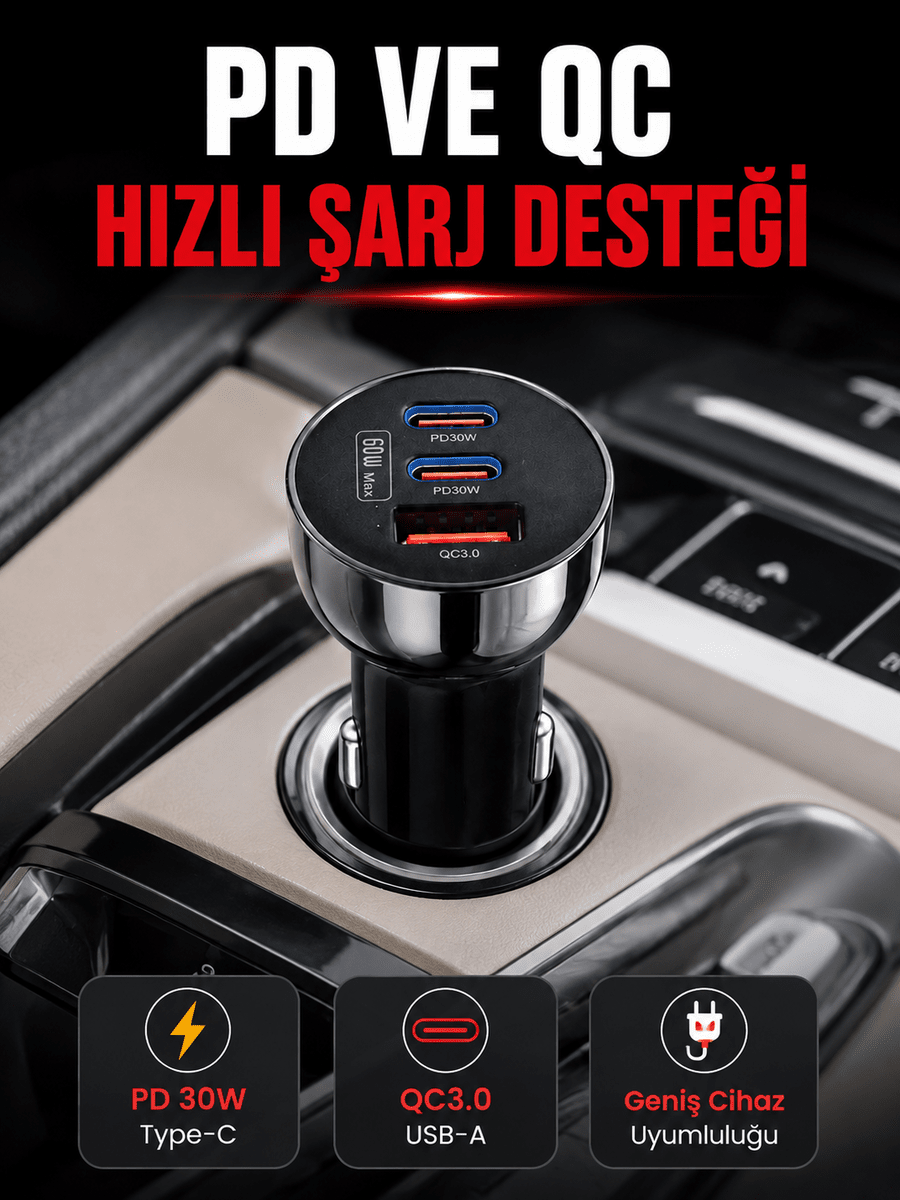 3 Portlu Araç İçi Şarj Adaptörü Çift PD Type-C ve QC3.0 USB Çıkışlı