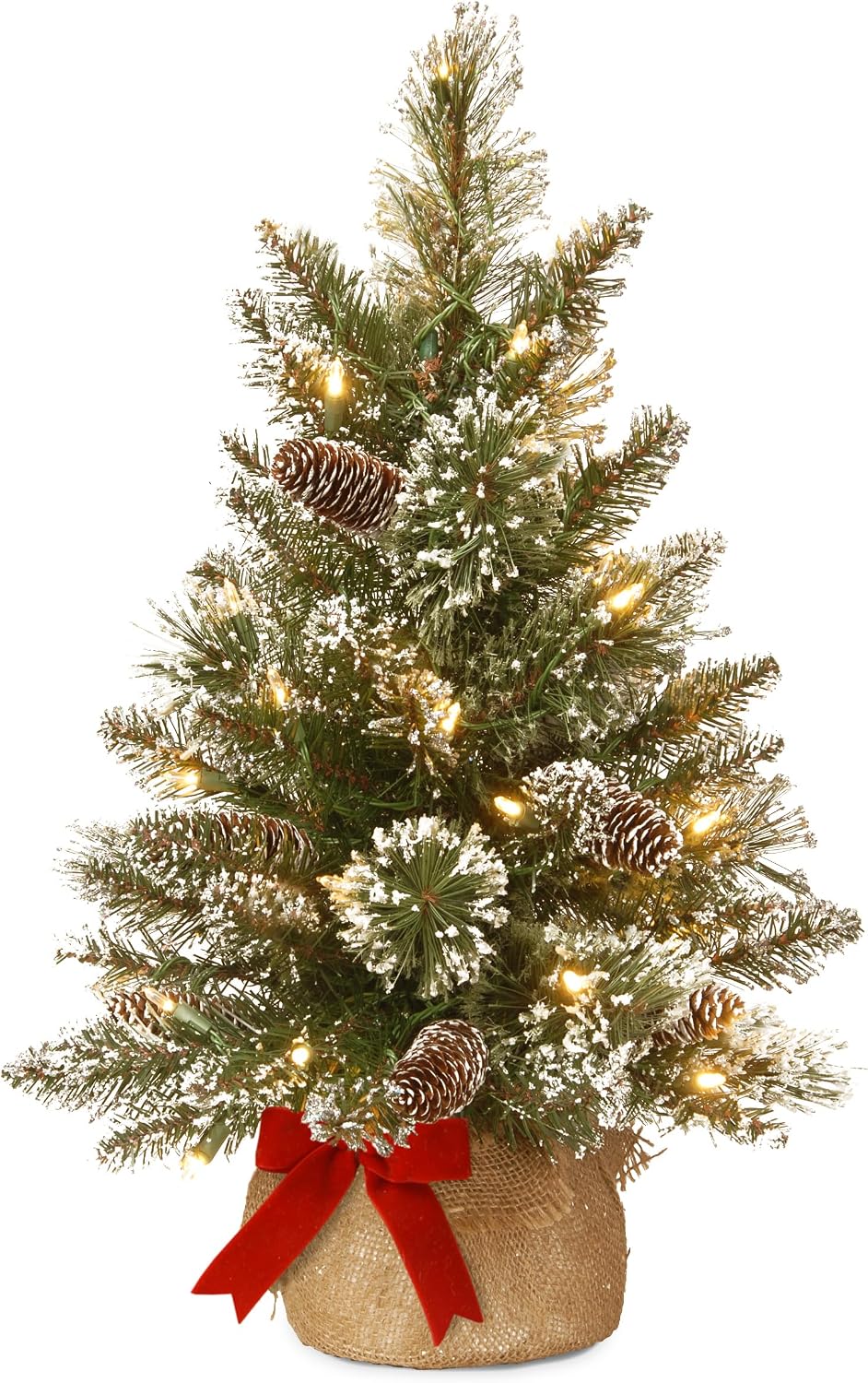 Önceden Aydınlatılmış Yapay Mini Noel Ağacı | Küçük LED Işıklar, Beyaz Uçlu, Parıltılı Dallar Koniler ve Bez Çanta Tabanı | Parlak Kıl Çam-2, 2 Ayak, Yeşil
