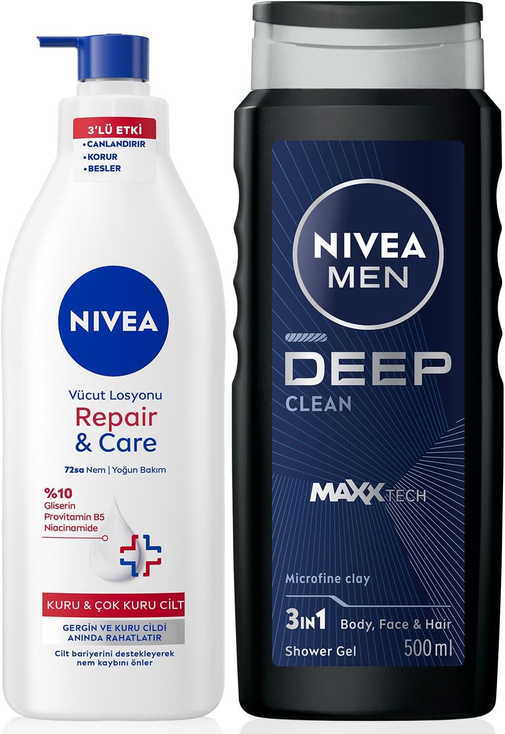 MEN Erkek Deep Dimension Duş Jeli 500ml ve Repair&Care Nemlendirici Vücut Losyonu 400ml, Kuru Cilt