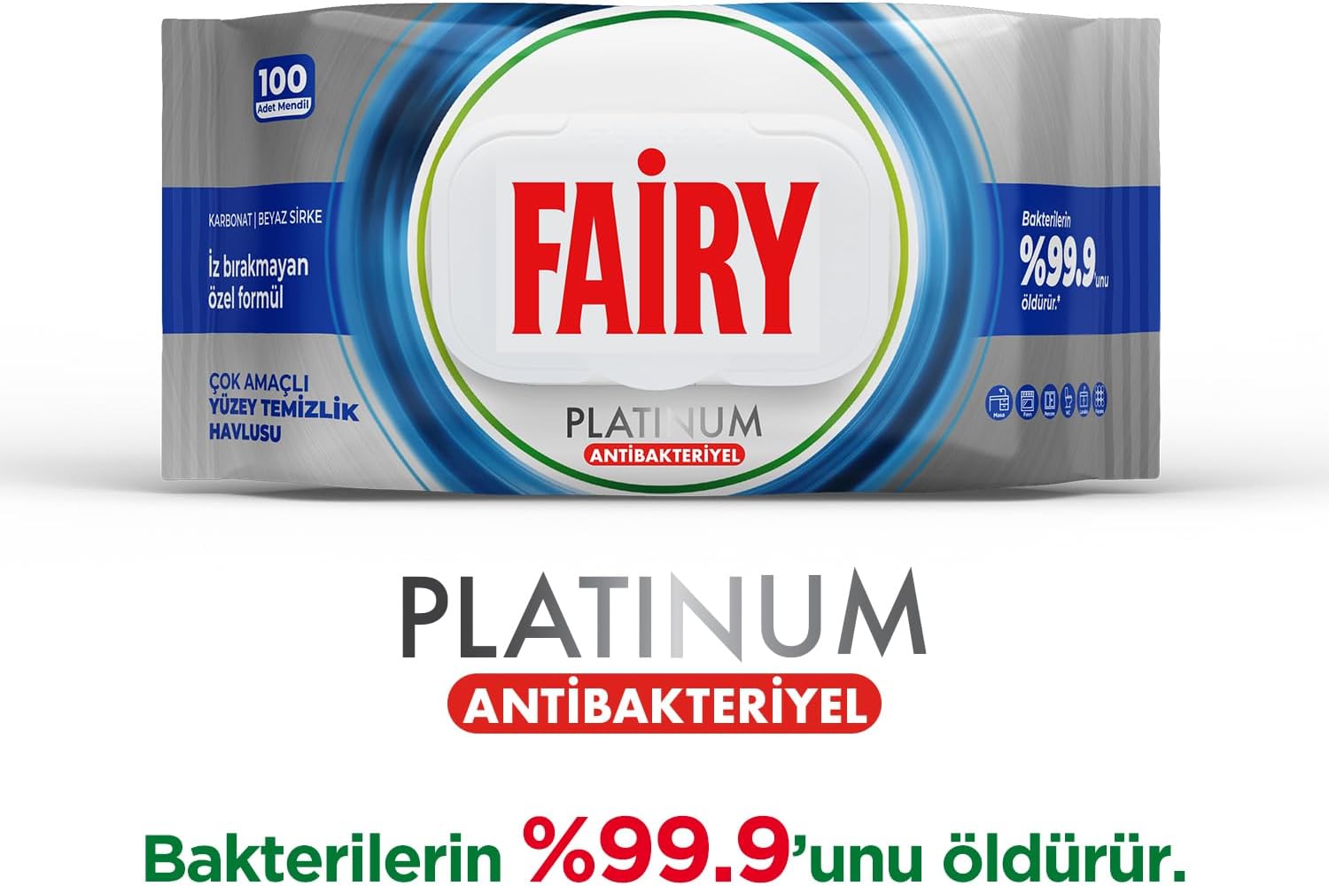 Platinum Antibakteriyel Yüzey Temizlik Havlusu 100 Yaprak | Beyaz Sirke & Karbonat | 48 Saat Temizlik Etkili | İz Bırakmayan Formül