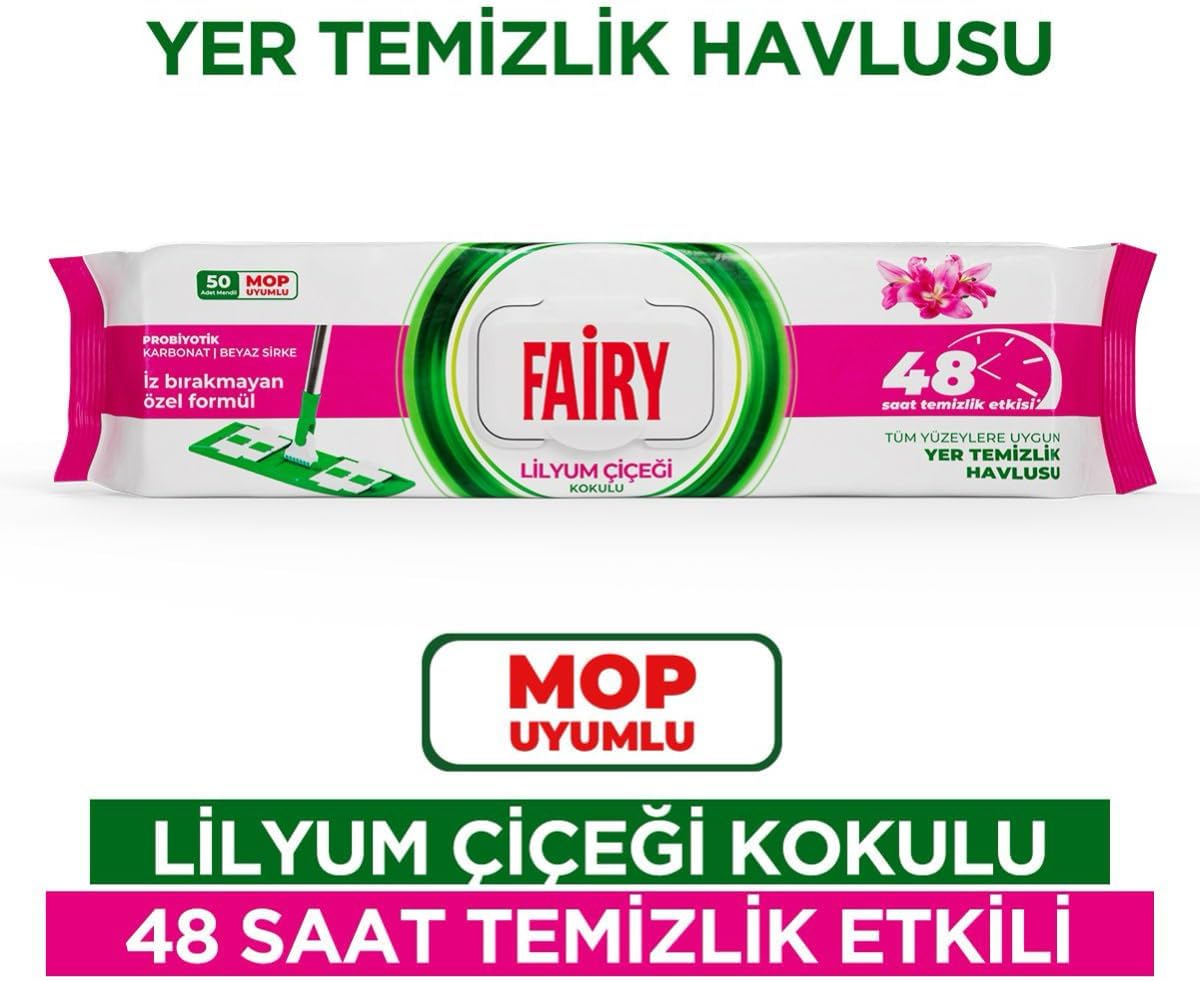 Çok Amaçlı Mop Uyumlu Yer Temizlik Havlusu 50 Yaprak | Lilyum Çiçeği| Beyaz Sirke & Karbonat | 48 Saat Temizlik Etkili | İz Bırakmayan Formül