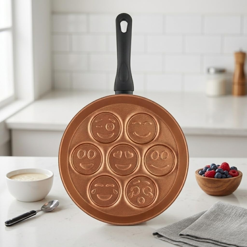 Papilla Redio Emoji Pankek ve Yumurta Tavası - 7 Bölmeli Gülen Yüz Tasarımlı, Yanmaz Yapışmaz Krep Tavası (28 cm) (BRONZ)
