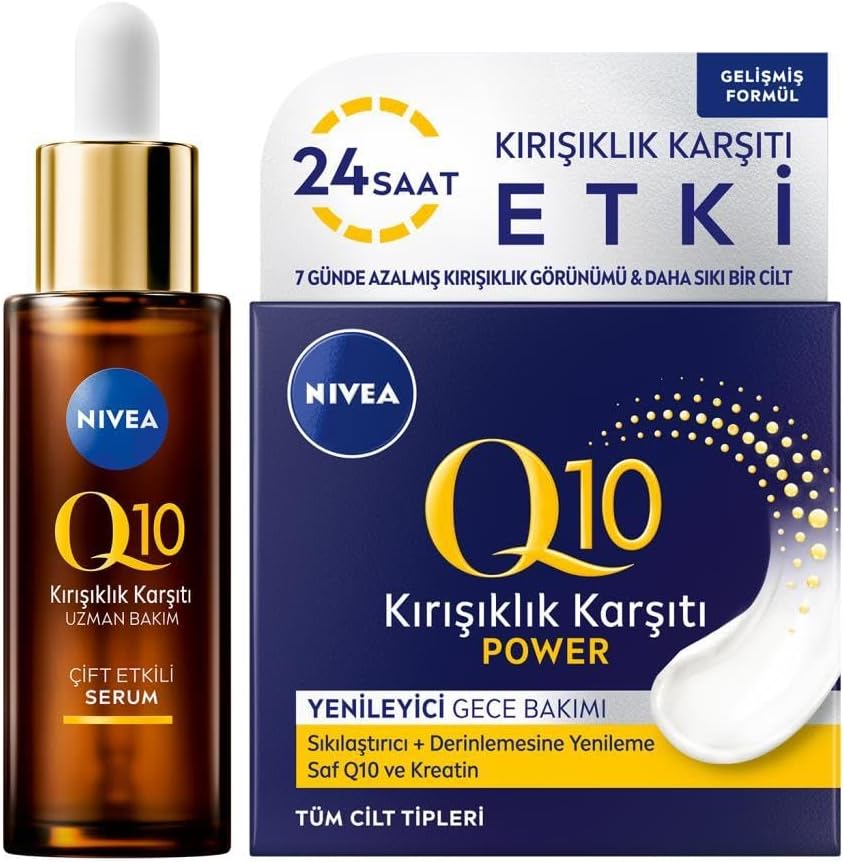 Q10 Kırışıklık Karşıtı Çift Etkili Cilt Serumu 30ml, Q10 Power Kırışık Karşıtı Gece Bakım Kremi 50ml