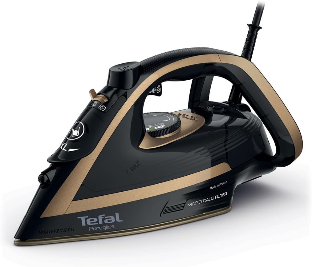 FV8064 Puregliss Buharlı Ütü 3000 Watt 280 g/dk Buhar Darbe 0 – 50 g/dk Değişken Buhar Dikey Buharlı Durilium AirGlide Autoclean Ütü Tabanı Micro-Calc Filtre, Siyah/Altın