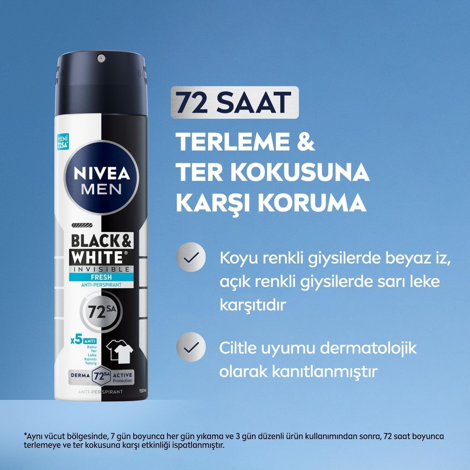 Erkek Sprey Deodorant Deodorant Black&White Invisible Fresh 150 ml,72 Saat Anti-Perspirant Ter ve Ter Kokusuna Karşı Koruma,Kıyafetlerde Leke Bırakmaz,Etil Alkol İçermez
