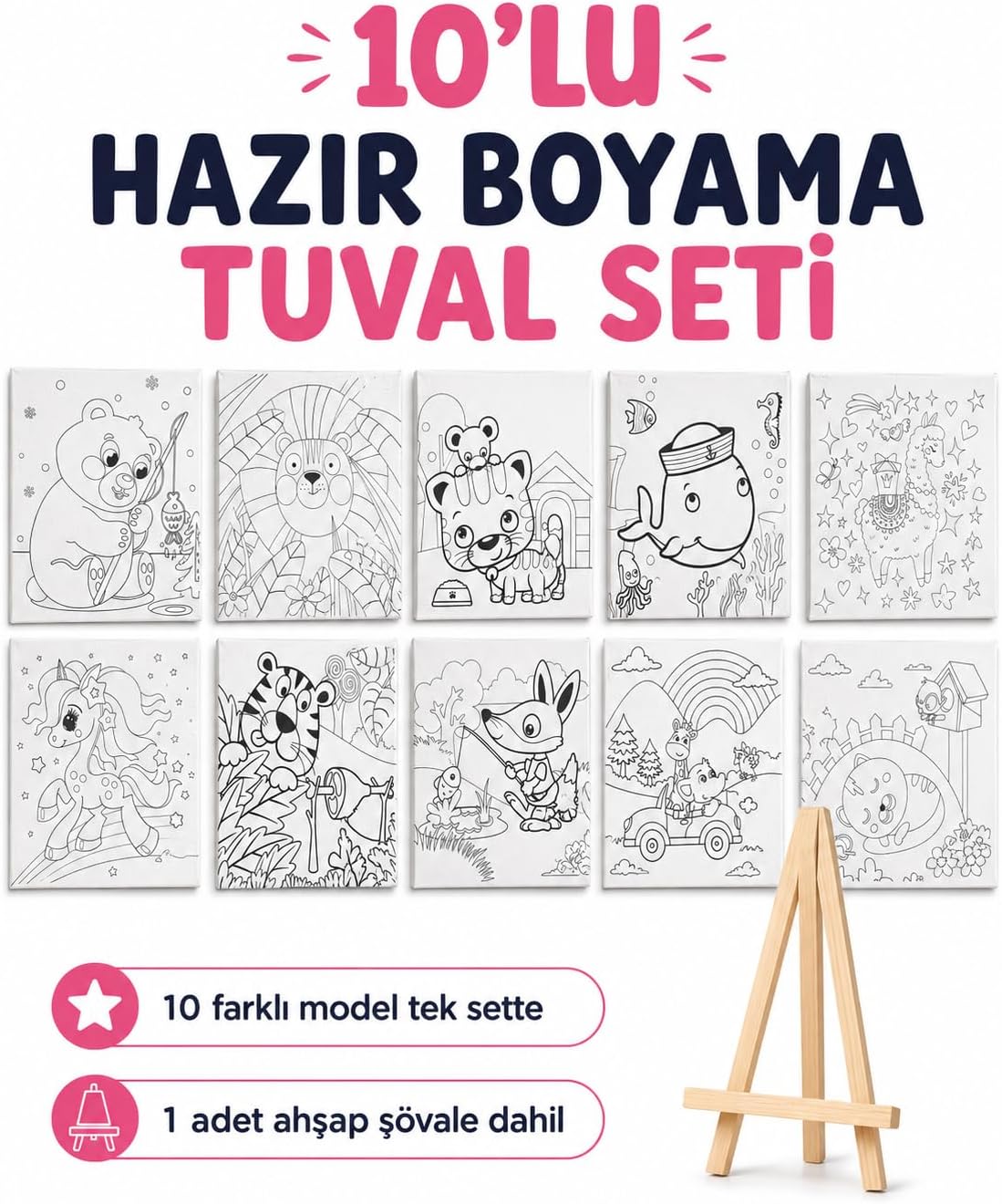 10’lu Hazır Boyama Tuval Seti – Çocuklar İçin Desenli Tuval ve Ahşap Şövale Seti