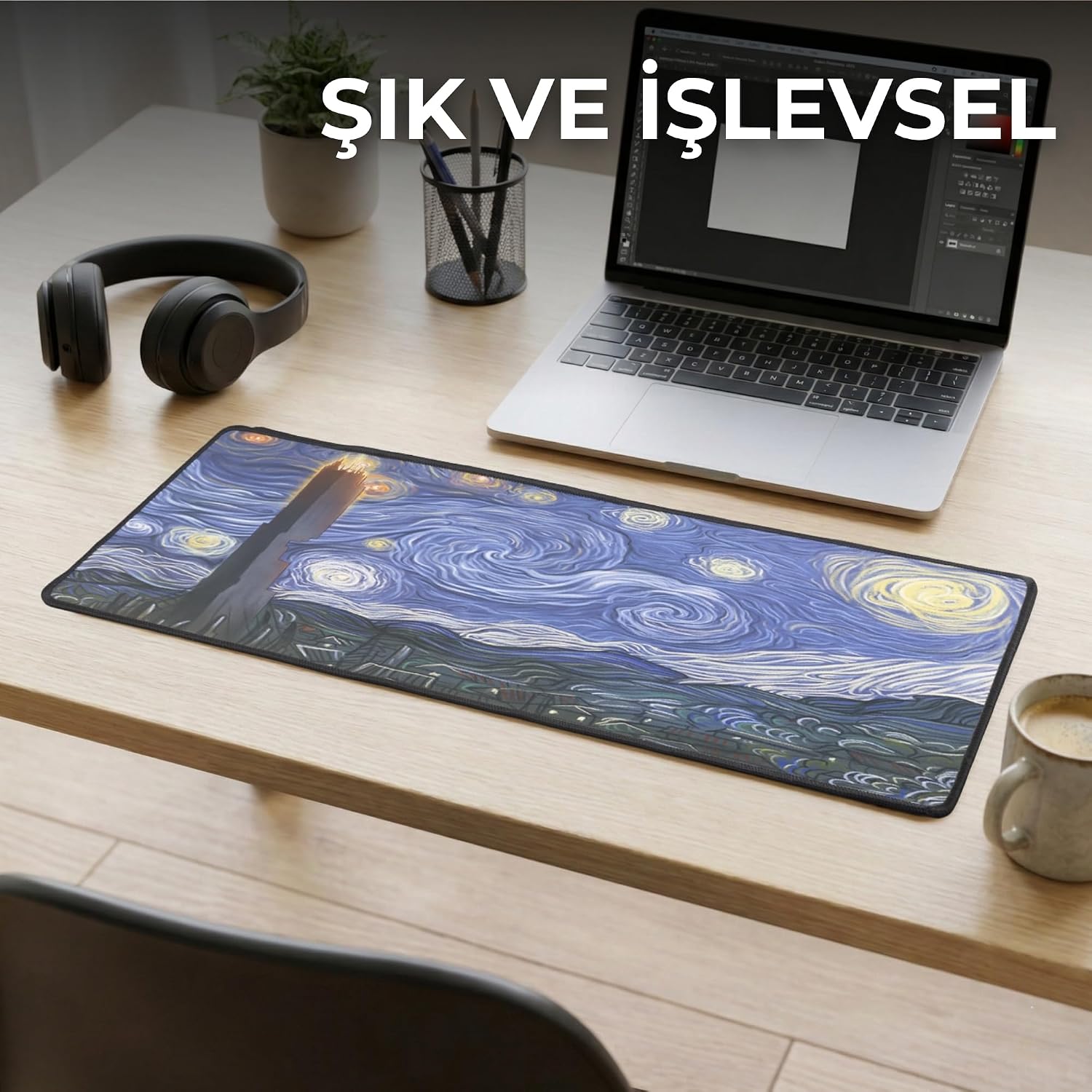 Van Gogh Yıldızlı Gece Temalı XL Mousepad | 70x30 cm Büyük Boy Masa Matı | Çift Dikişli Kenarlar, Kaymaz Taban, Oyuncu ve Ofis Kullanım, Fütüristik Yıldızlı Gece