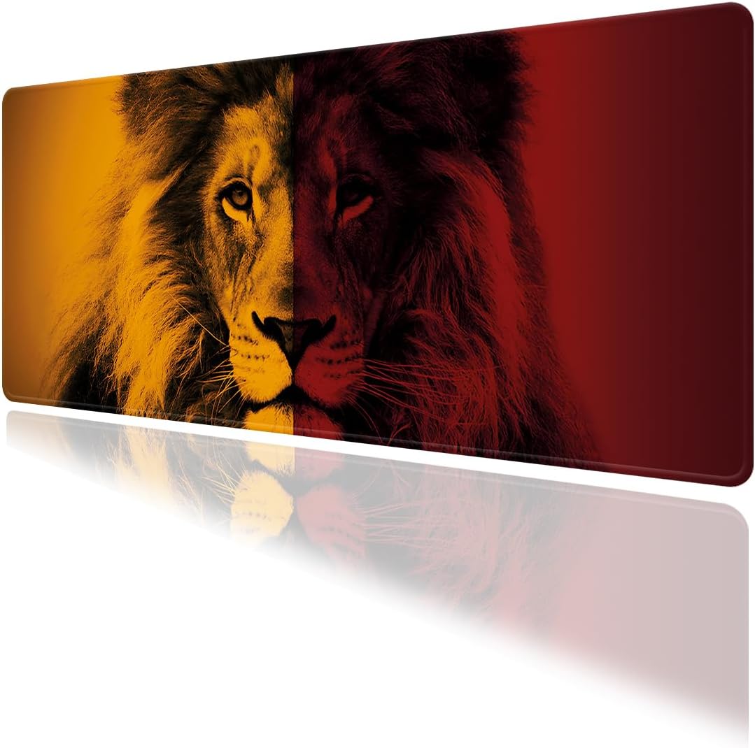 Sarı Kırmızı Aslan Temalı Oyun Gaming Klavye Mouse Pad Masa Matı 70x30cm Kaymaz Kauçuk Taban Dikişli Kenar