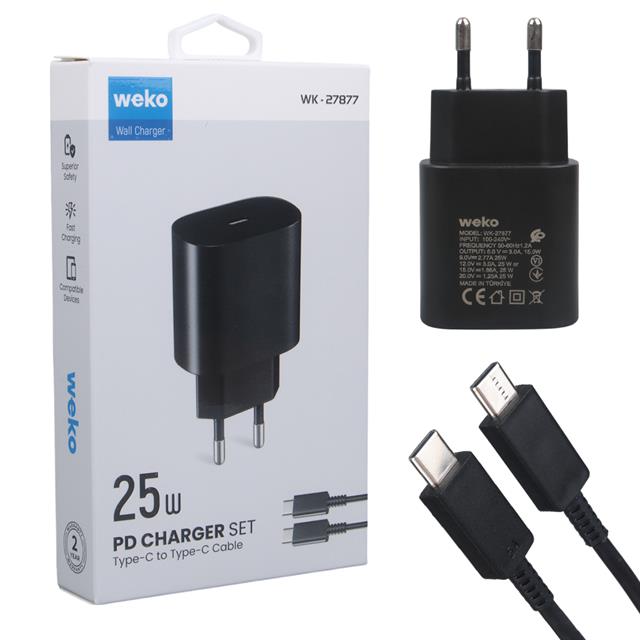 Weko WK-27877 Note10 Siyah 25 Watt Şarj Başlık Adaptörü + Type-C To Type-C Kablo