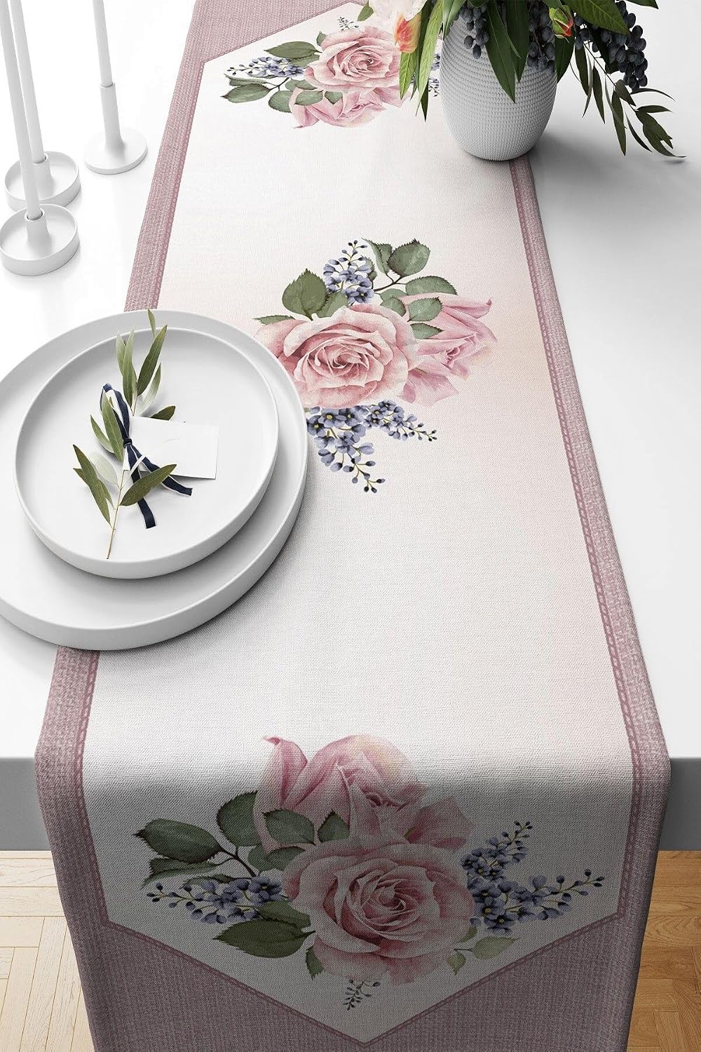 Pelangi Vintage Çiçek Desenli Leke Tutmaz Kumaş Salon Mutfak Masa Değişik Ranır Modelleri Runner, Beyaz-Pembe 40 x 140