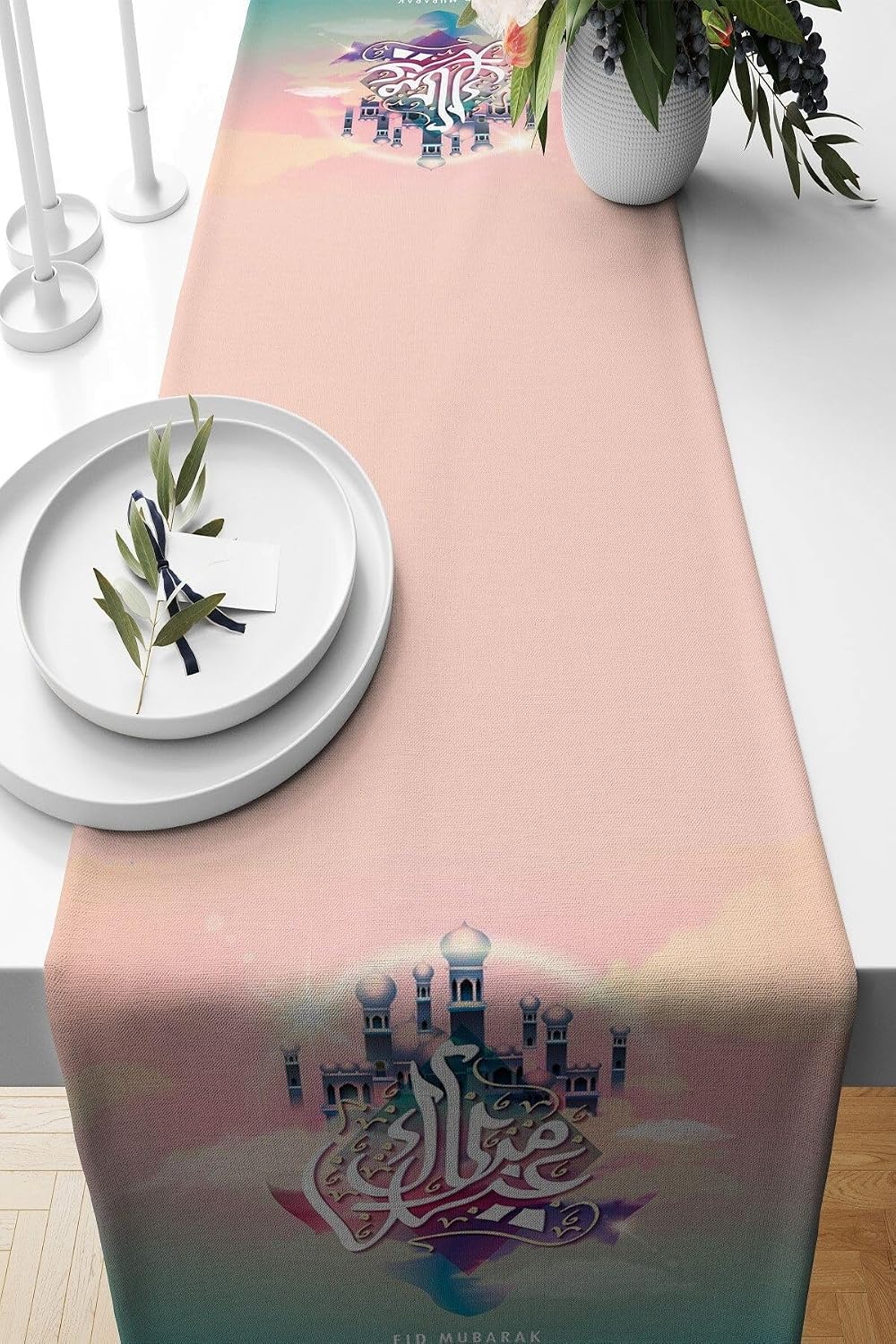 Pelangi Pembe Ramazan Cami Temalı Leke Tutmaz Kumaş Salon Mutfak Masa Değişik Ranır Modelleri Runner, Pembe 40 x 140