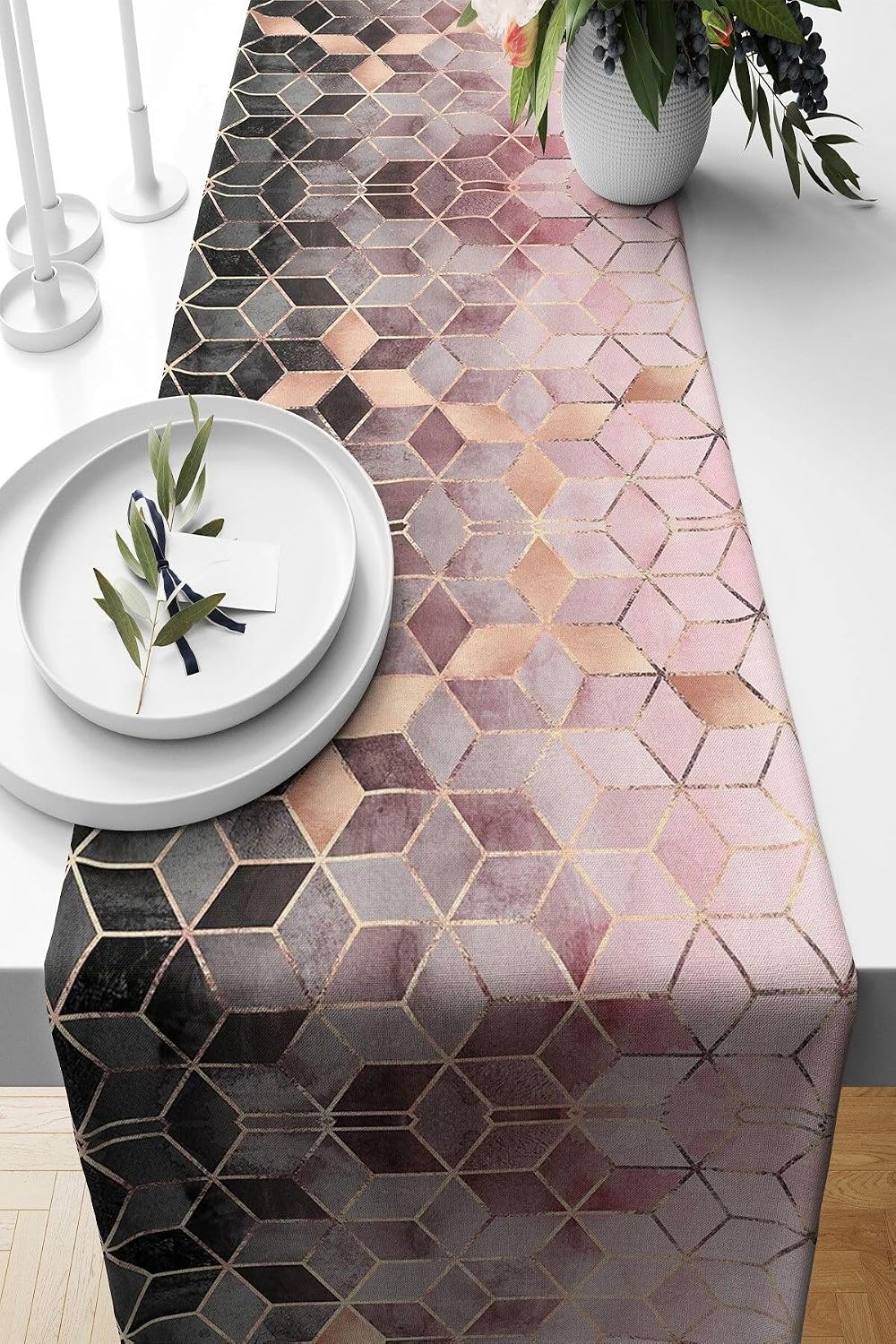 Pelangi Mozaik Desenli Leke Tutmaz Kumaş Salon Mutfak Masa Değişik Ranır Modelleri Runner, Gri-Pembe-Gold 40 x 140