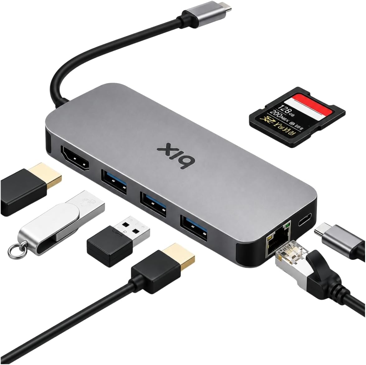 BX10HB 8'i1 Arada Type-C Hub 4K@30Hz HDMI Bağlantı, 100W PD Güç Dağıtımı C Tipi Şarj Bağlantı Noktası, 1Gbps Ethernet, 3* USB 3.0, Macbook Pro/Air, Windows, Chrome/Android Uyumlu Çoklayıcı Adaptör