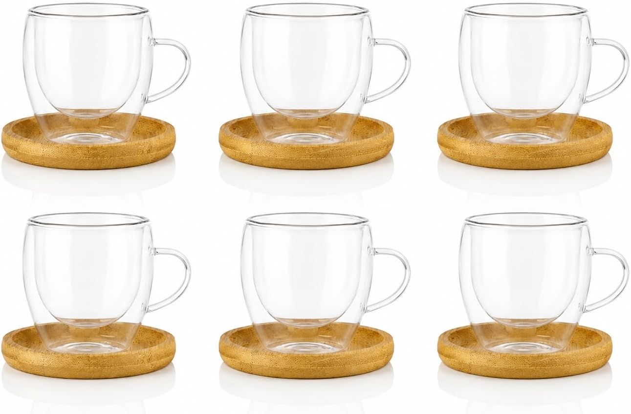 6'lı Çift Cidarlı Cam Kupa & Bambu Tabak Seti – Espresso & Türk Kahvesi Fincan Takımı 90 ml