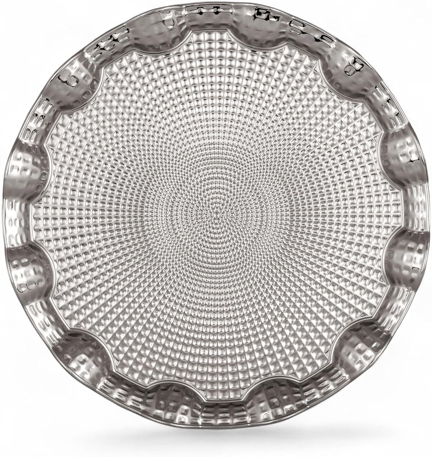 Osmanlı Motifli Yuvarlak Metal Servis Tepsisi – 2 Kişilik Sunum Tepsisi, 25 cm, 260 g, Gold ve Gümüş Renk Seçeneği (Gümüş Grisi)