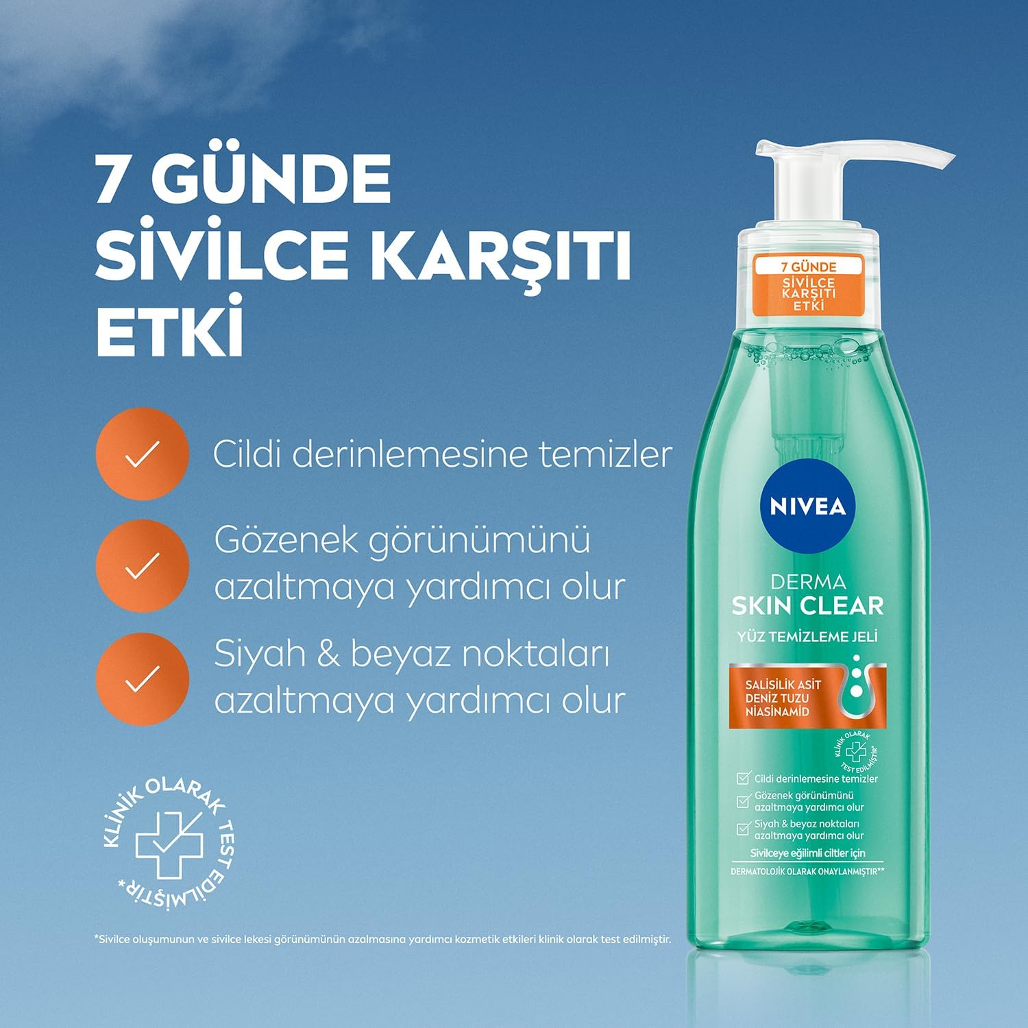 Derma Skin Clear Sivilce Karşıtı Yüz Temizleme Jeli 150ml, Gözenek Arındırıcı,Gözenek Görünümünü,Siyah Noktaları Azaltır,Salisilik Asit,Niasinamid,Deniz Tuzu,Yağlı ve Karma Cilt