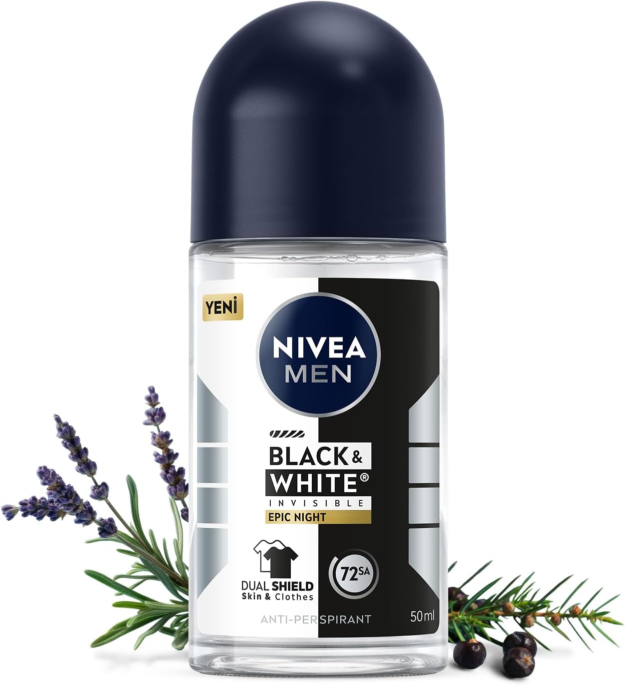 MEN Erkek Roll-on Deodorant Black&White Invisible Epic Night 50 ml,72 Saat Terleme Karşıtı,Kumaş Koruması,Alkolsüz