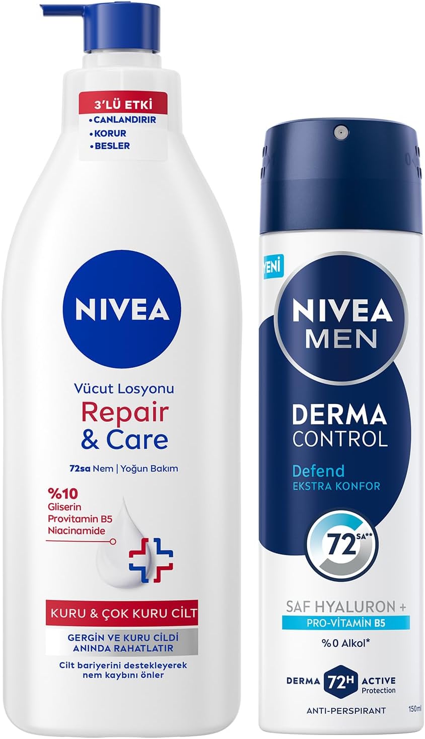 MEN Erkek Sprey Deodorant Derma Control Defend 150ml ve Repair&Care Nemlendirici Vücut Losyonu