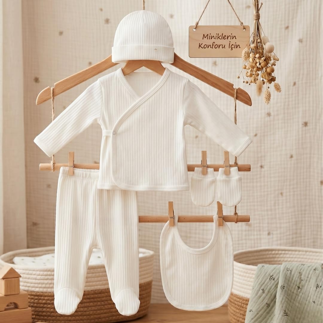 %100 Pamuklu Yenidoğan Bebek Hastane Çıkışı Seti 5 Parça Yenidoğan Bebek Takımı Unisex Bebek Seti (Beyaz)
